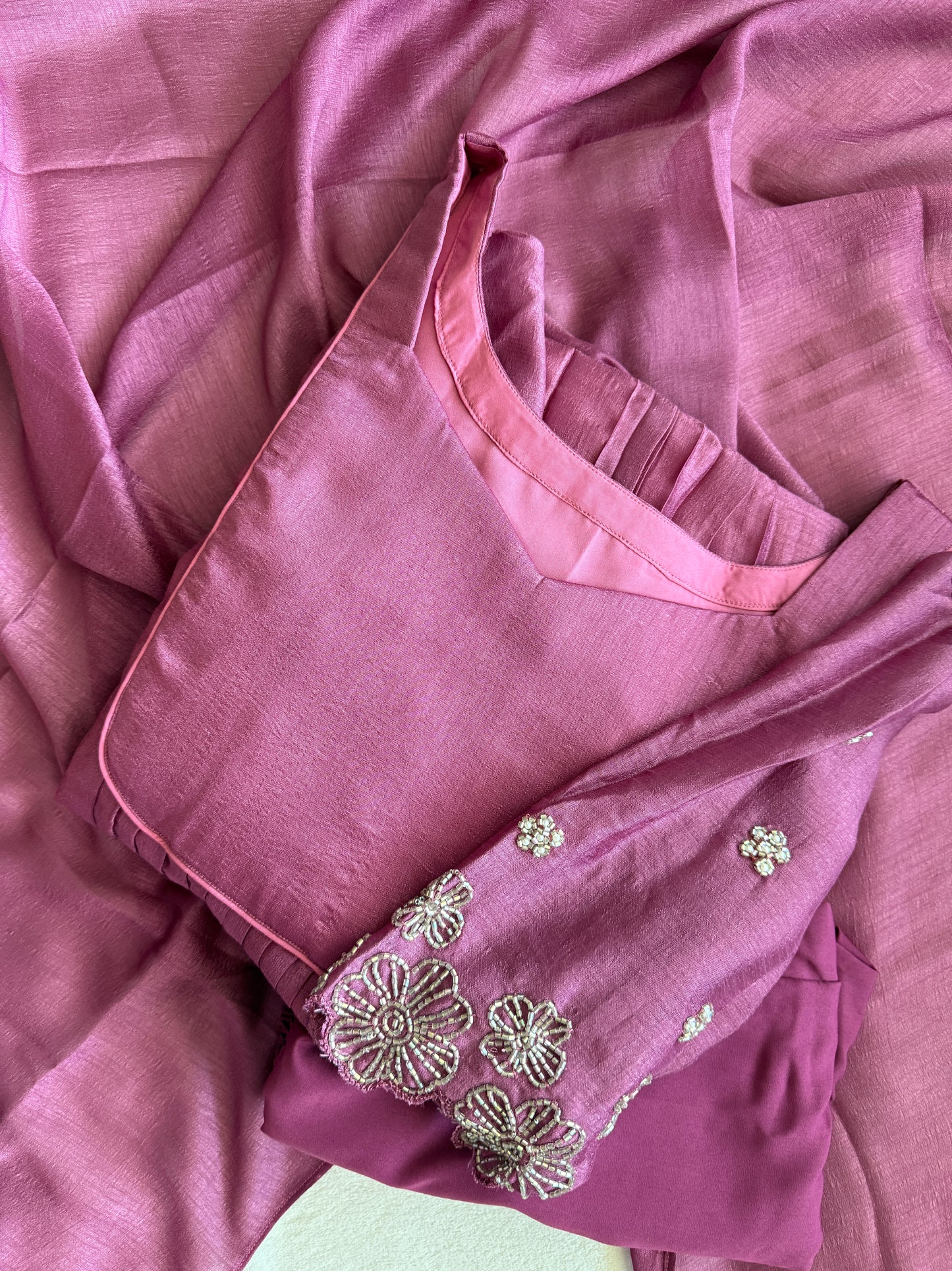 Magenta shade blooming silk handwork pleated anarkali set