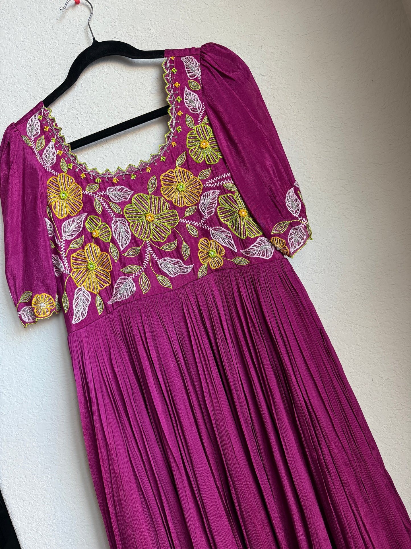Magenta pink long anarkali designer dress with maggam work on the yolk
