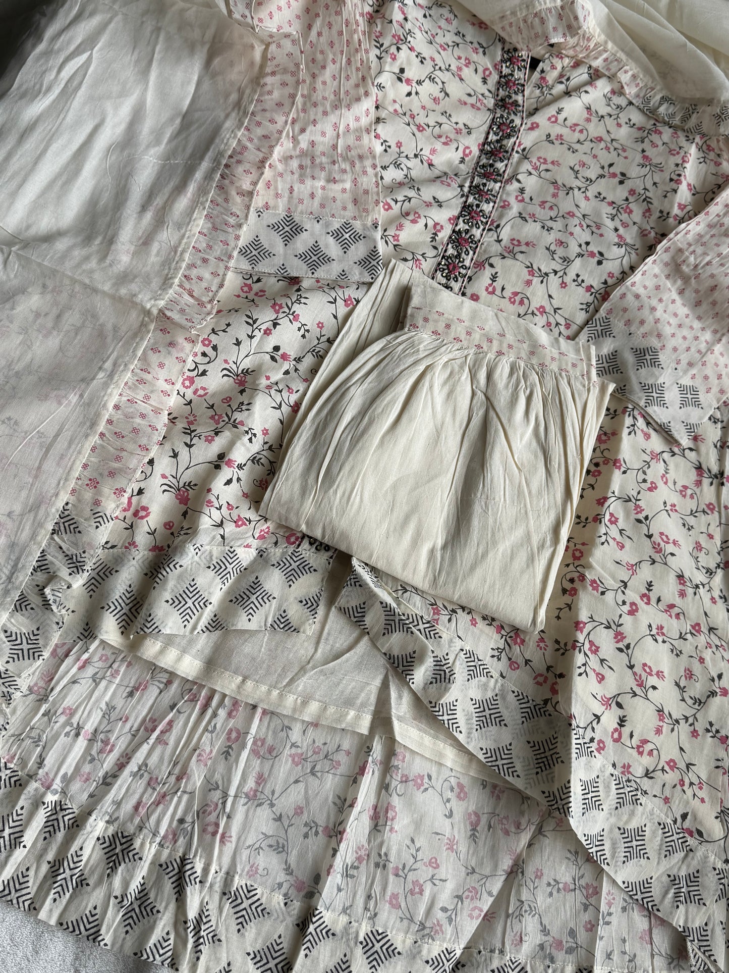 Cotton high low half white with pink kurti set