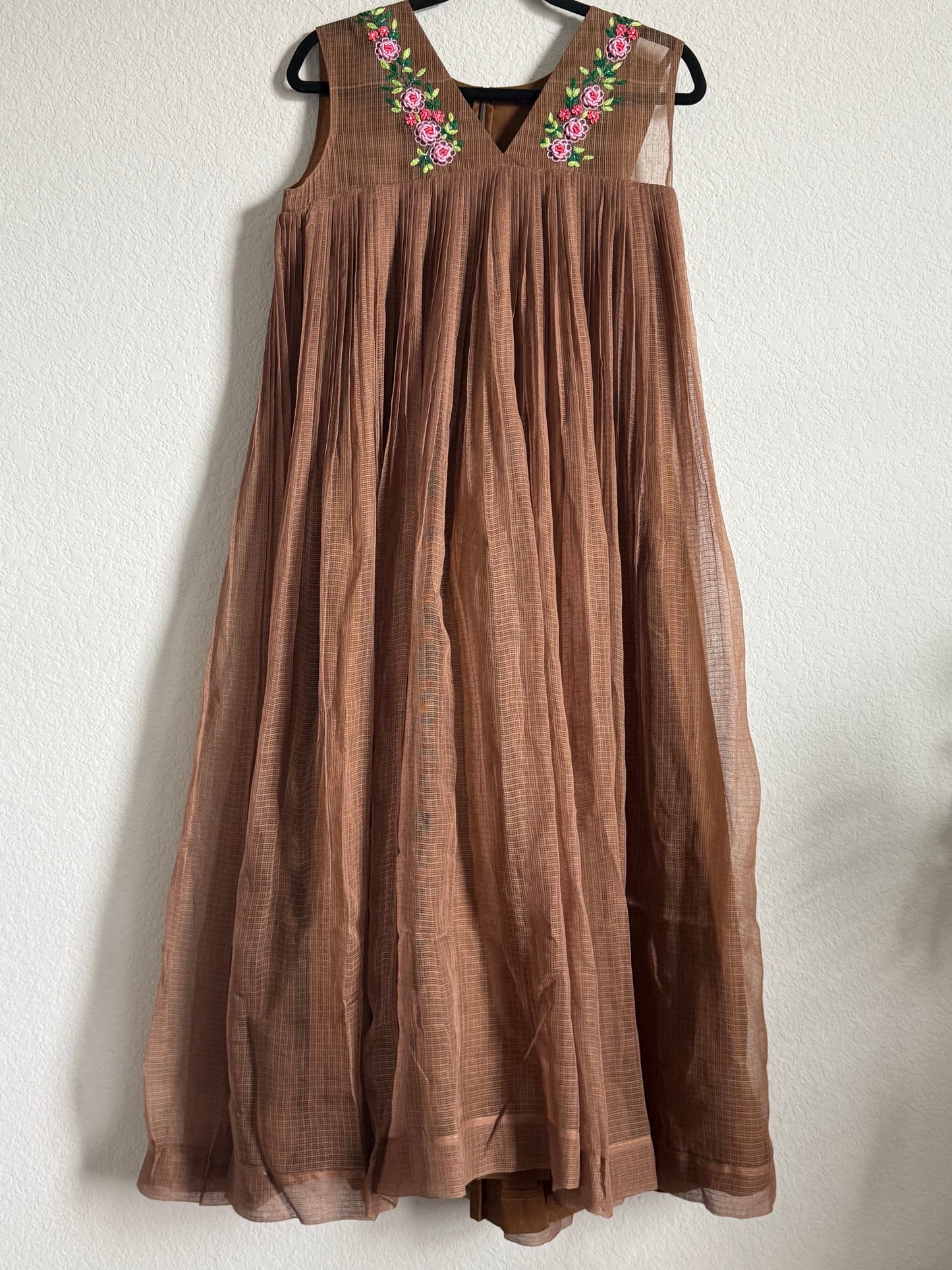 Brown Kota Sleeveless Maggam Work Dress
