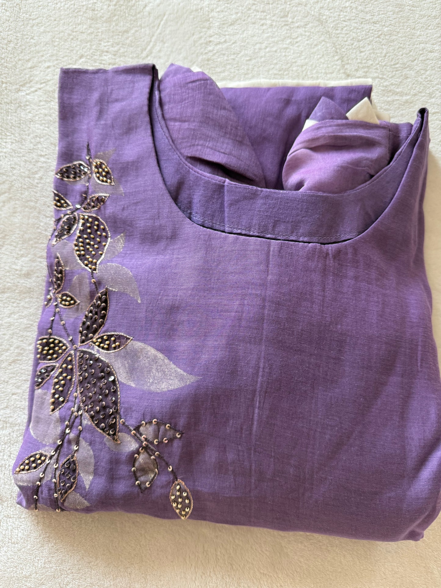 Pure mul chanderi handwork aline suit