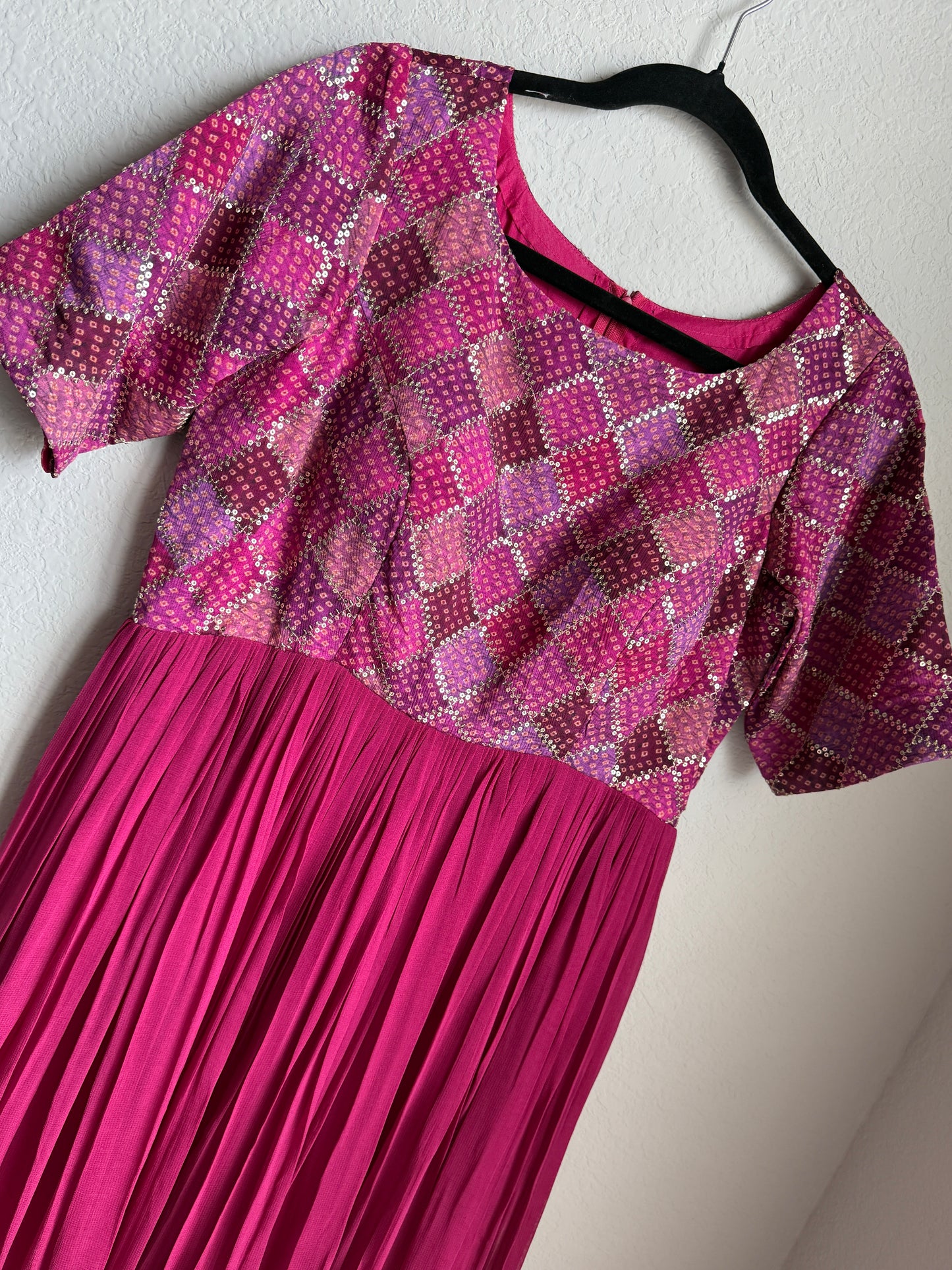 Pink georgette long anarkali dress - designer yolk sequin detailing
