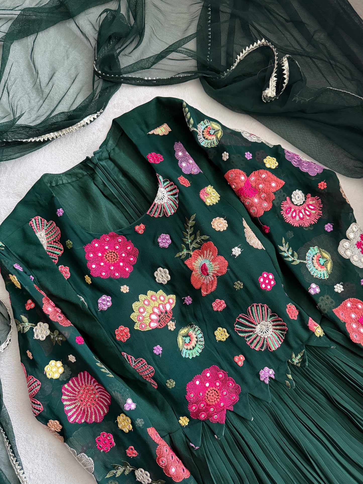 Bottle green georgette anarkali set with beautiful yolk detailing - comes with legging and net dupatta