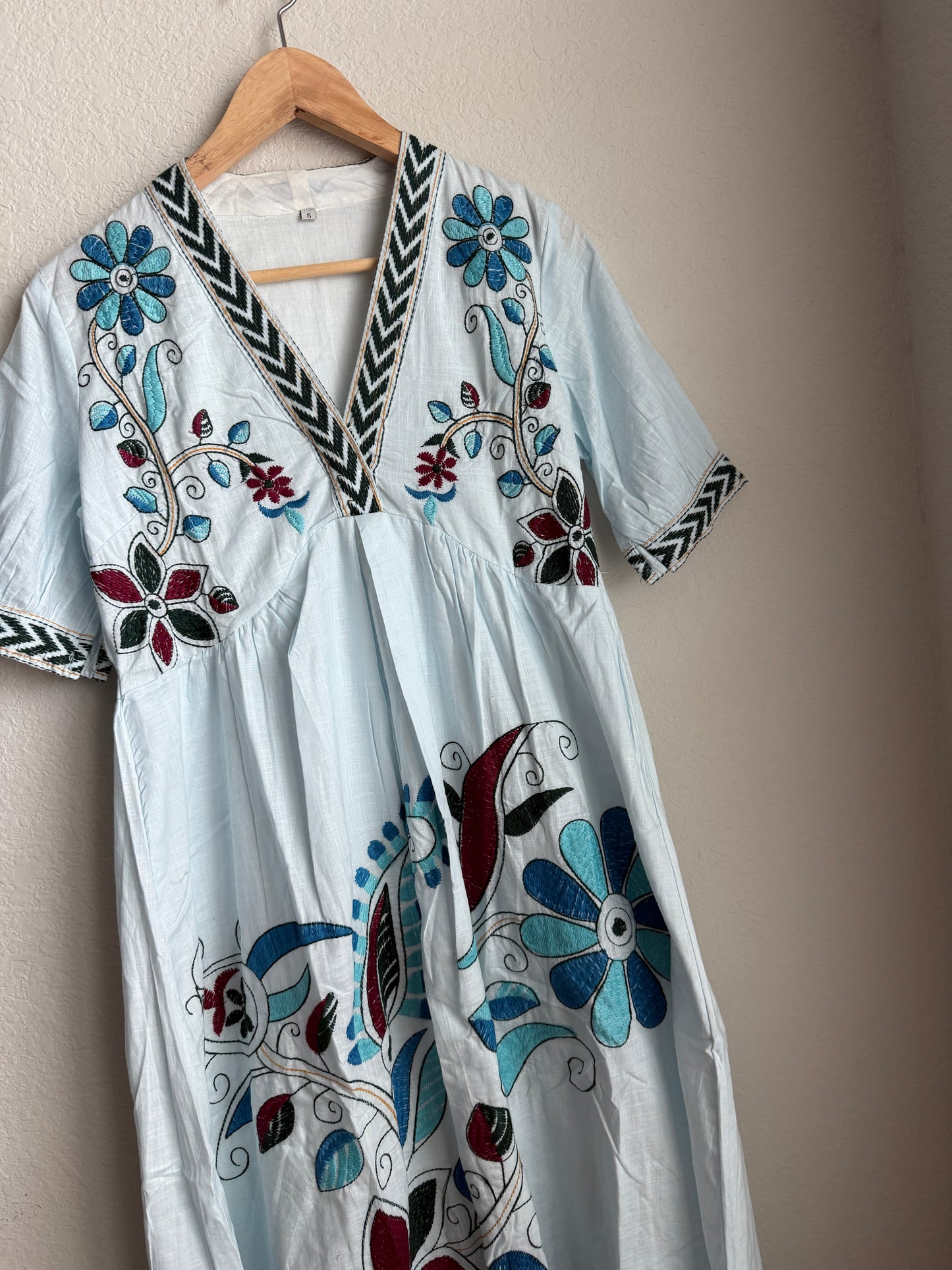 Light Blue Floral Embroidered Tunic Dress – Cotton Midi Dress