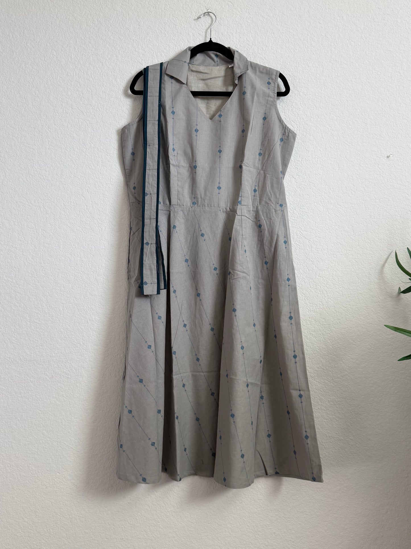Gray with Blue Sleeveless Cotton Dress with Belt - Sleeves available