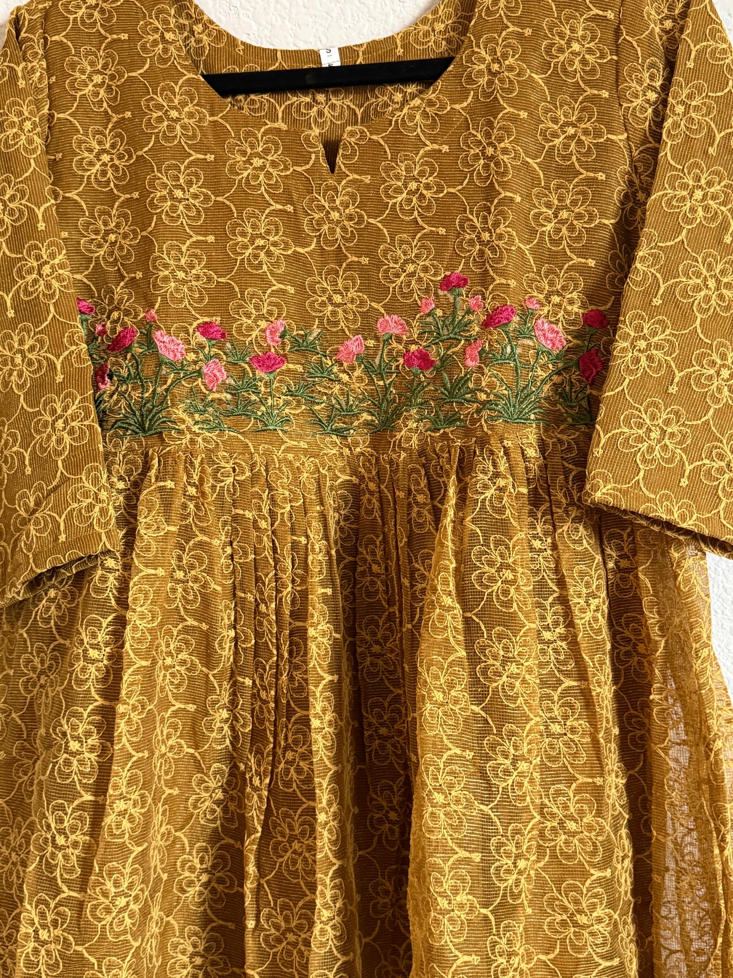 Mustard Yellow Net Kota Embroidered Frock