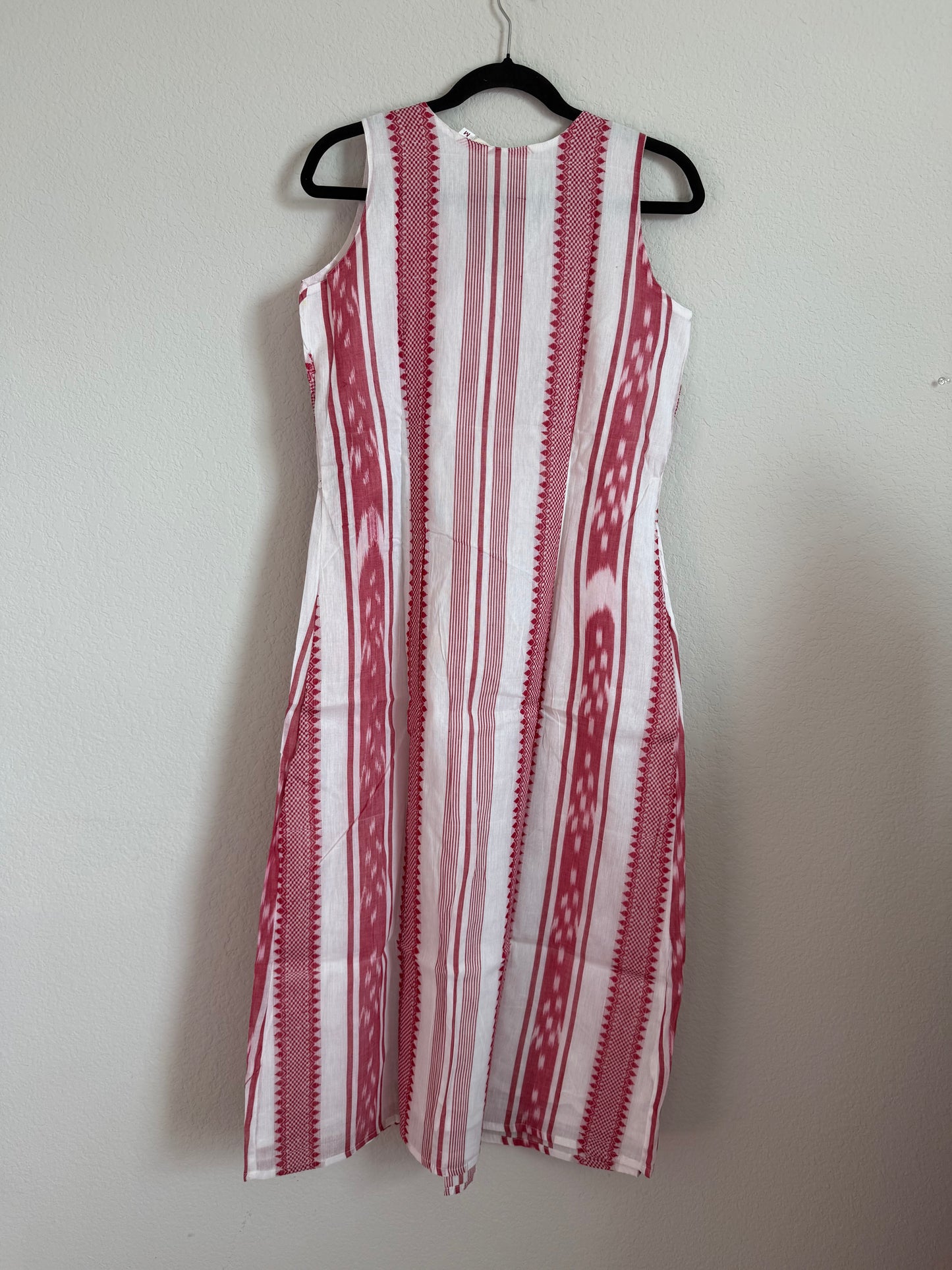 White and Red Summer Cotton Ikkath Sleeveless Dress - Sleeves available inside