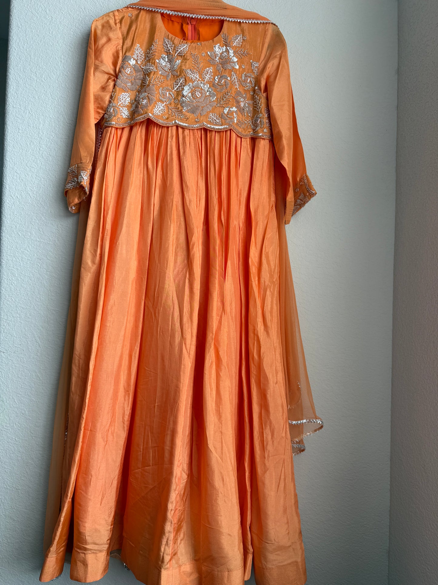 Orange shade uppada silk anarkali set with beautiful yolk detailing