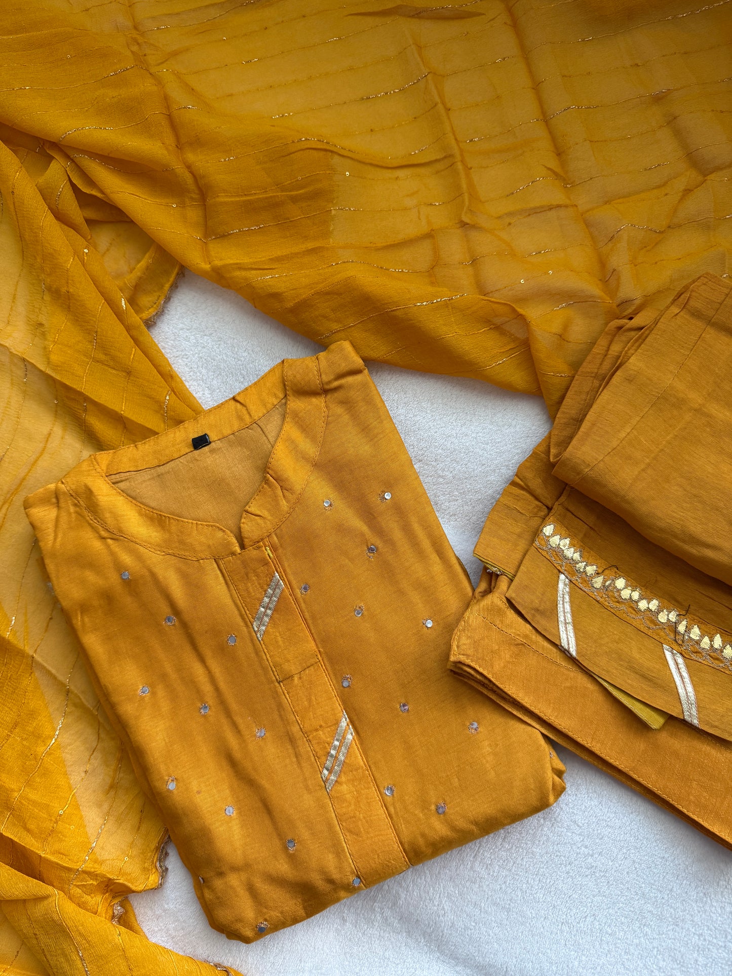 Beautiful dola silk mirror work yellow kurti set