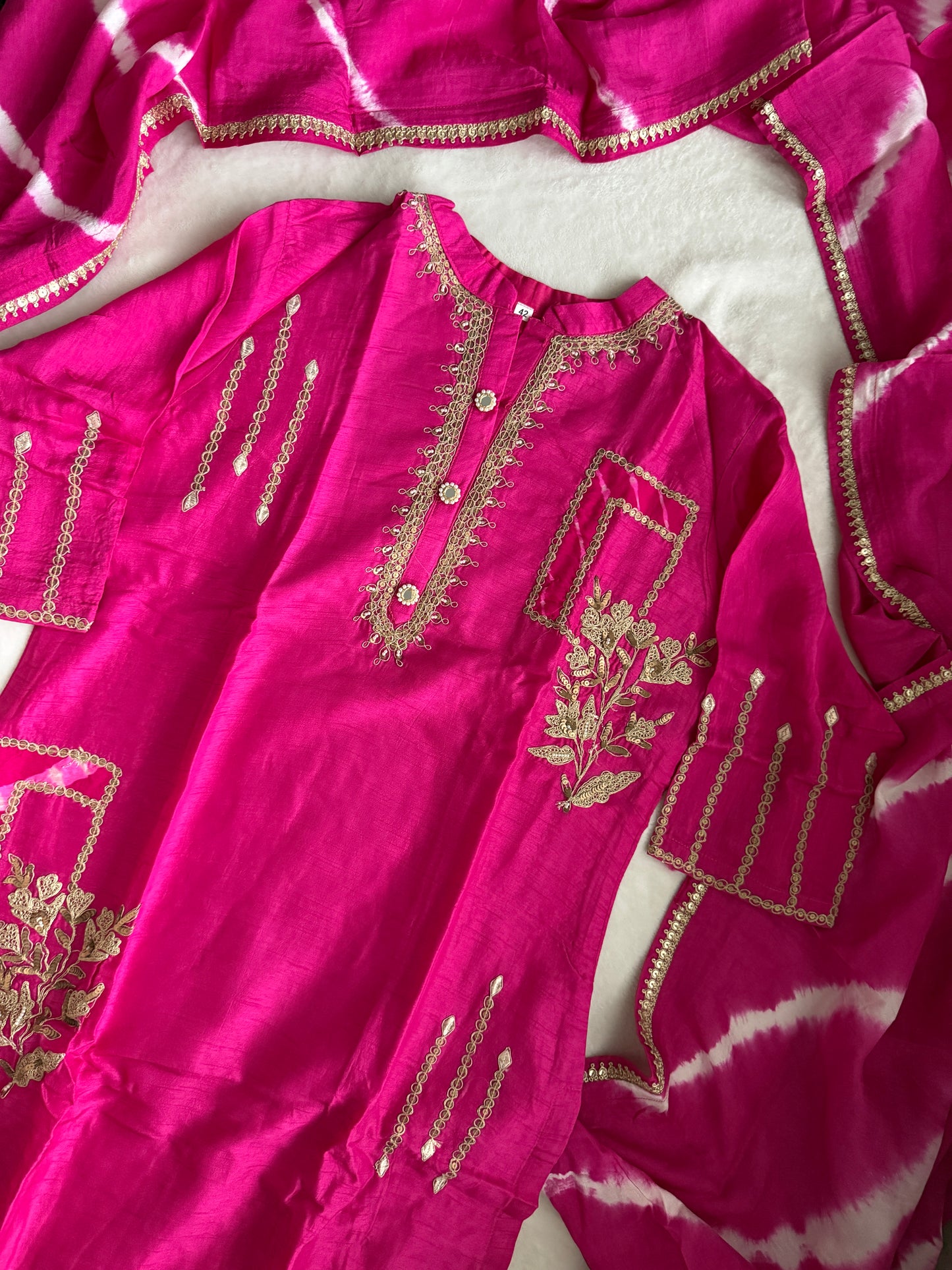 Pink Dola Silk Heavy Work Straight Cut Kurti Set with Leheriya Dupatta