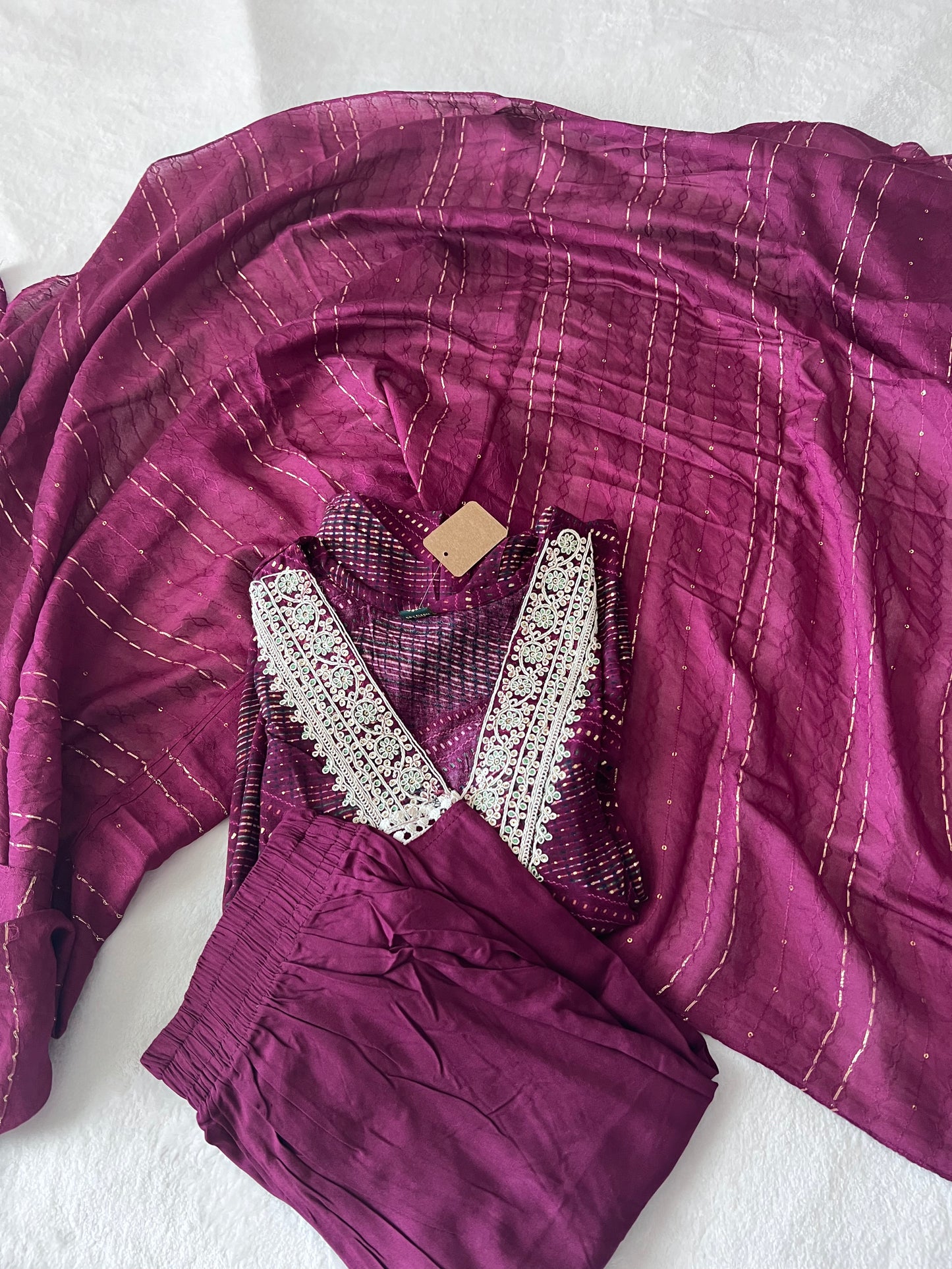 Wine Rayon Kurti set with sequin dupatta