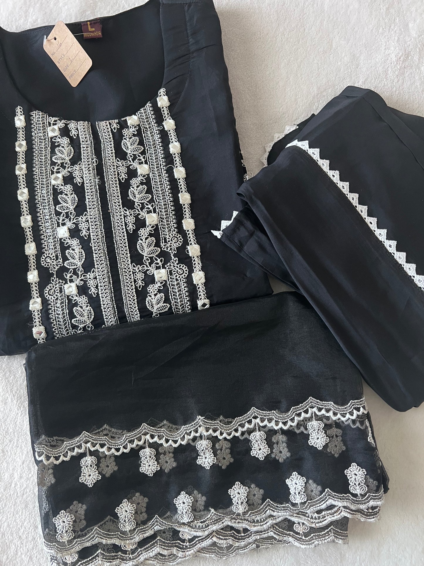 Black and white party wear suit set with dhoti pant and organza dupatta