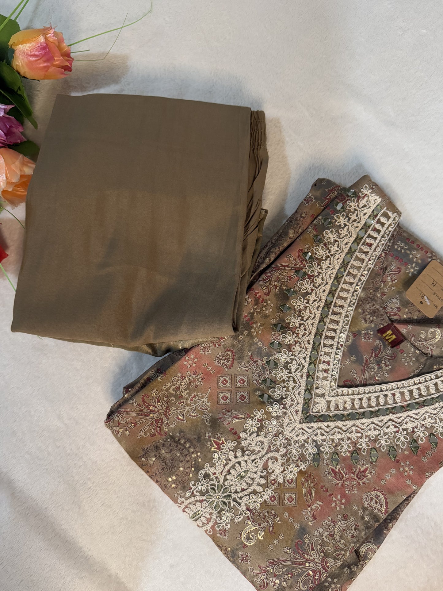 Brown rayon kurti set with sequin dupatta