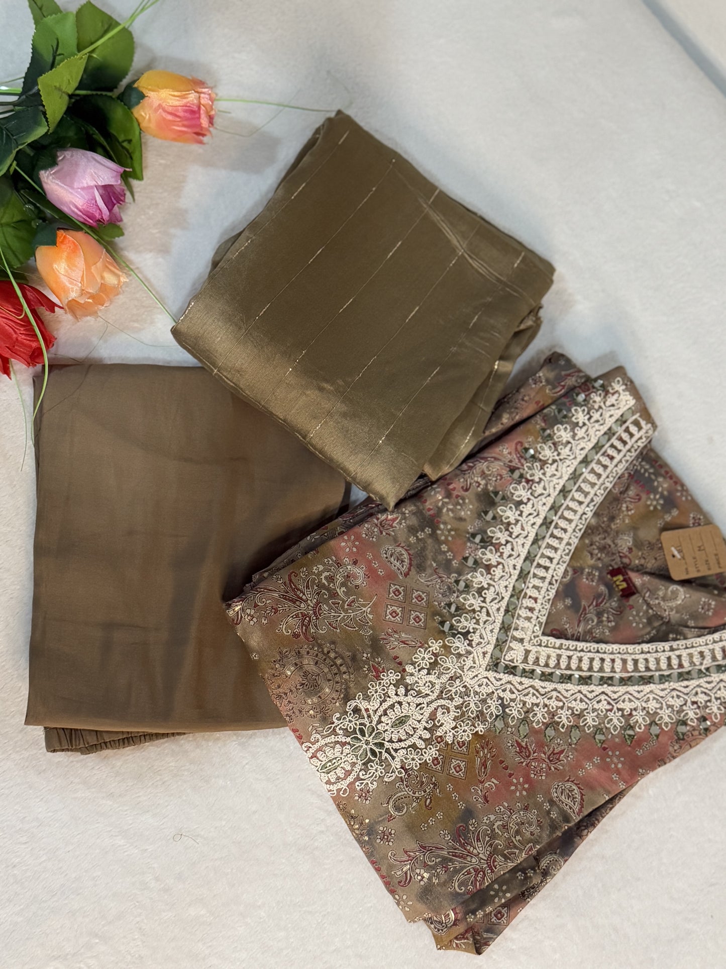 Brown rayon kurti set with sequin dupatta