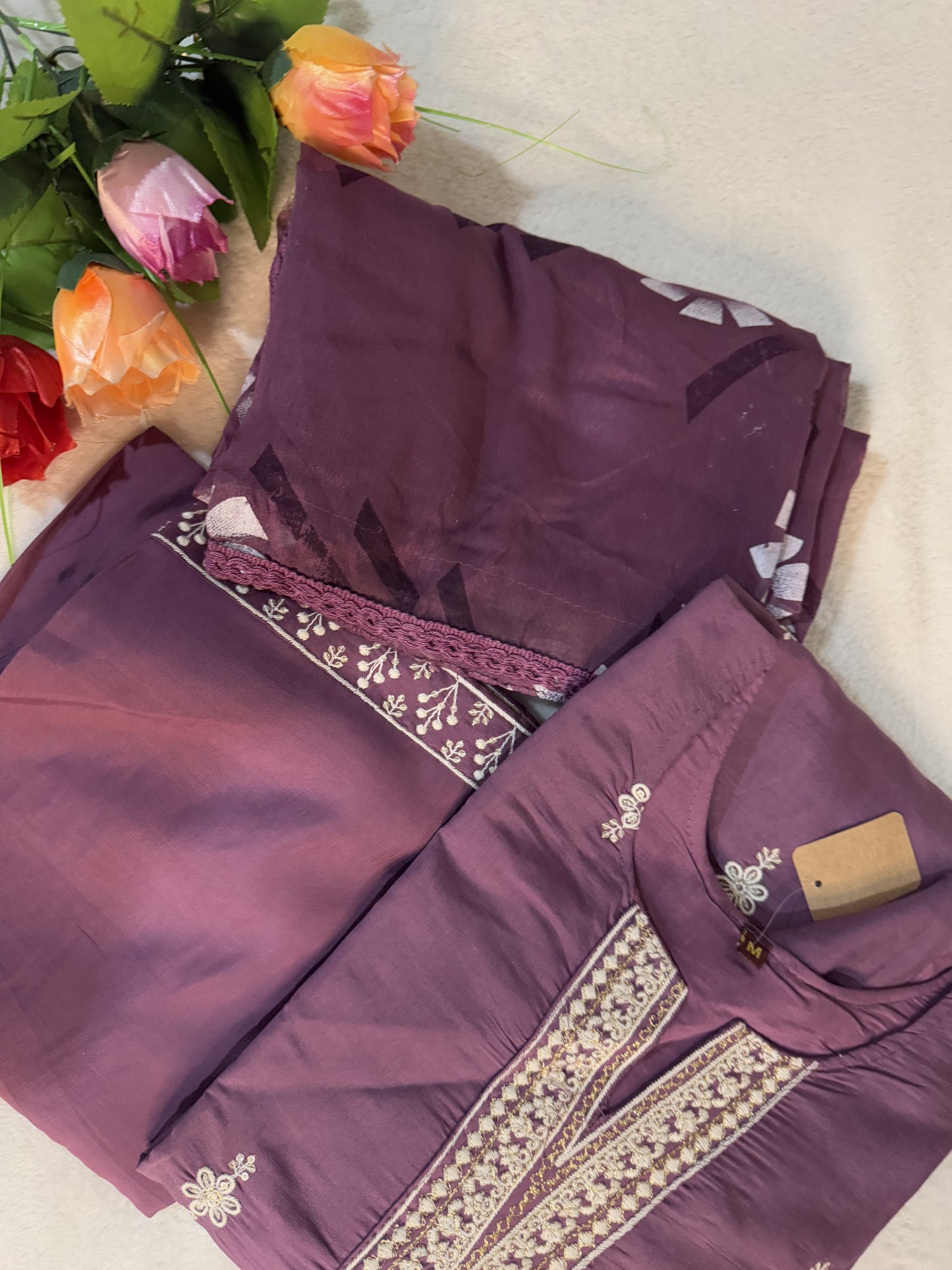 Mauve roman silk kurti set with chiffon dupatta