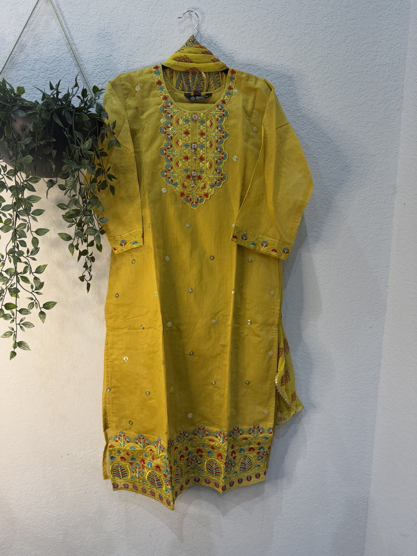 Mustard yellow chanderi kurti set with embroidery