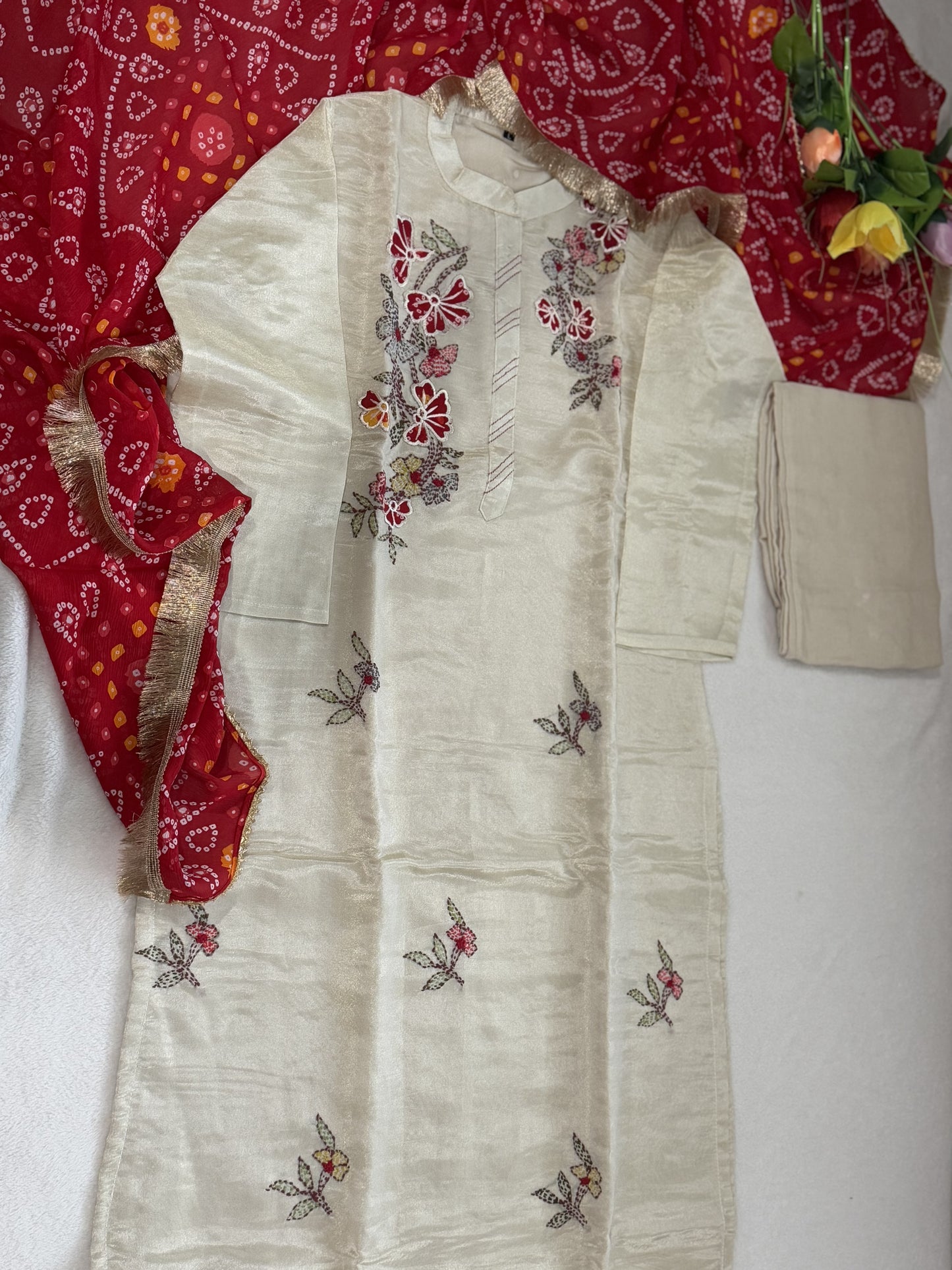 Half white tissue designer kurti set with bandhini dupatta