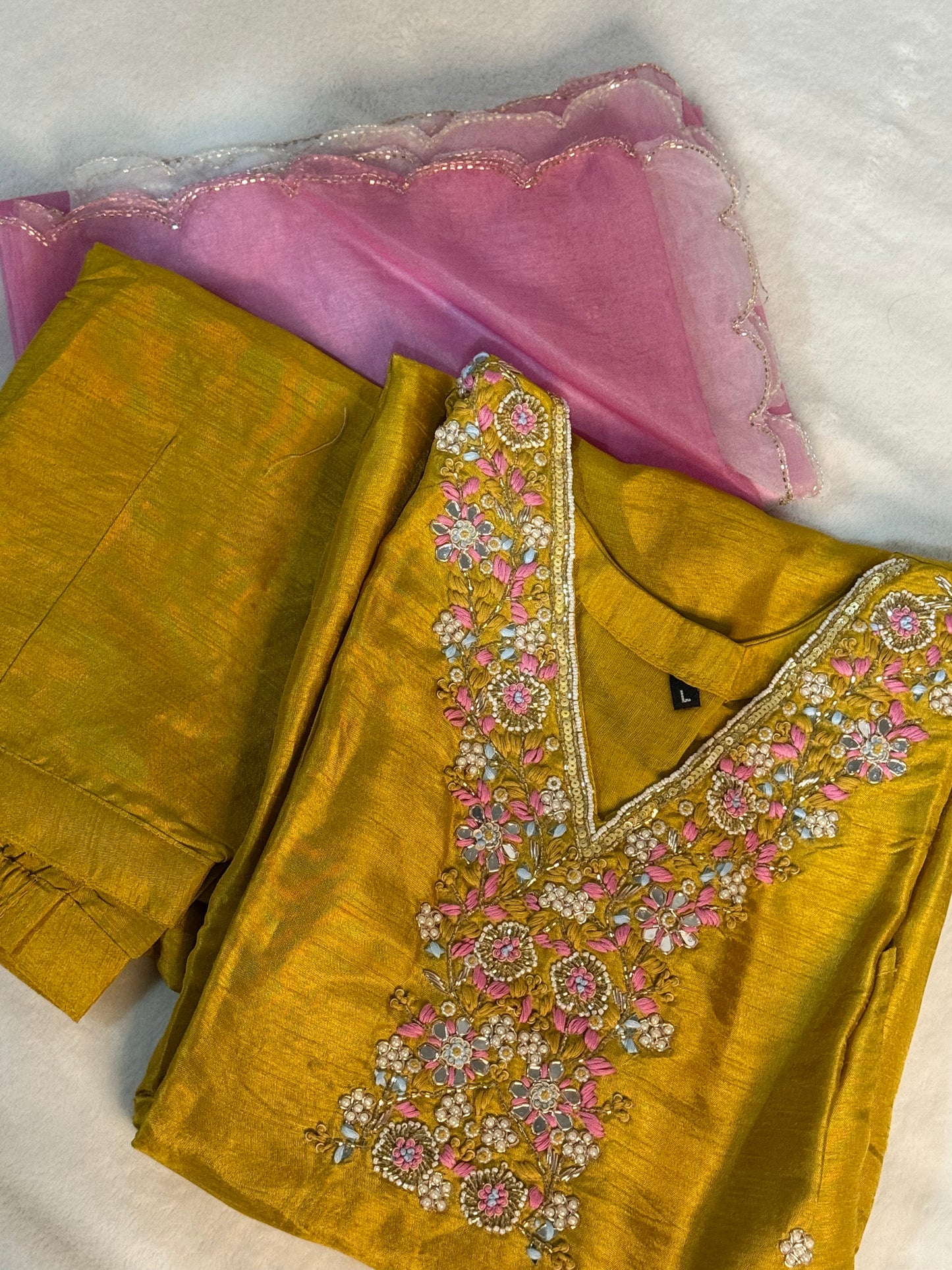 Mustard shade dola silk designer handwork kurti set with dual shade organza dupatta