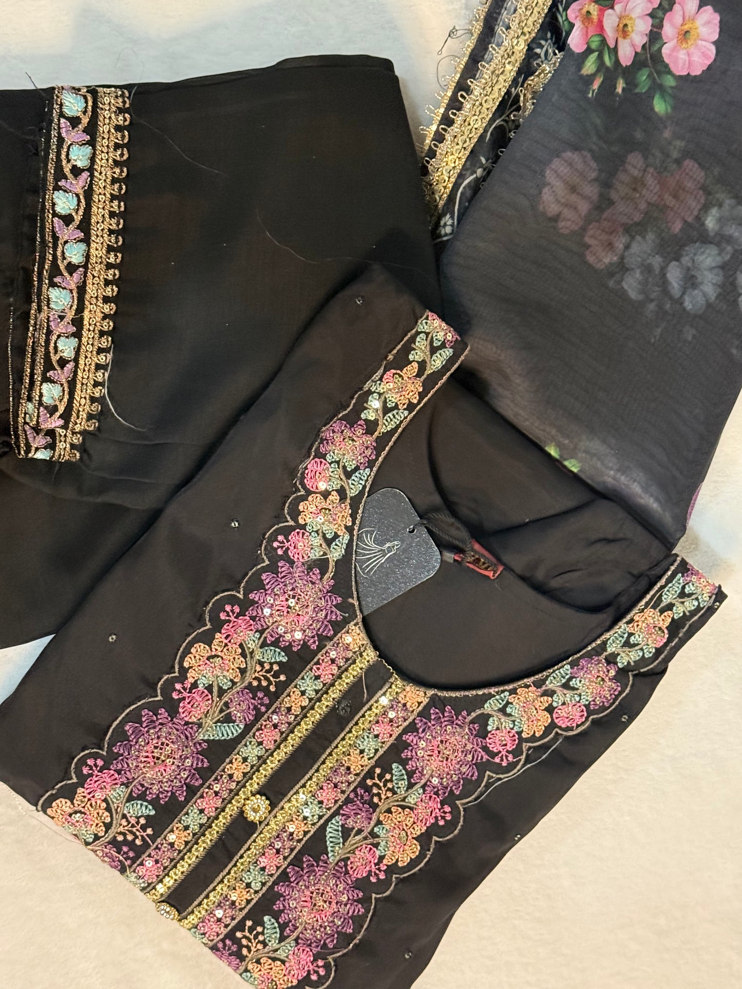 Black roman silk kurti set with floral organza dupatta