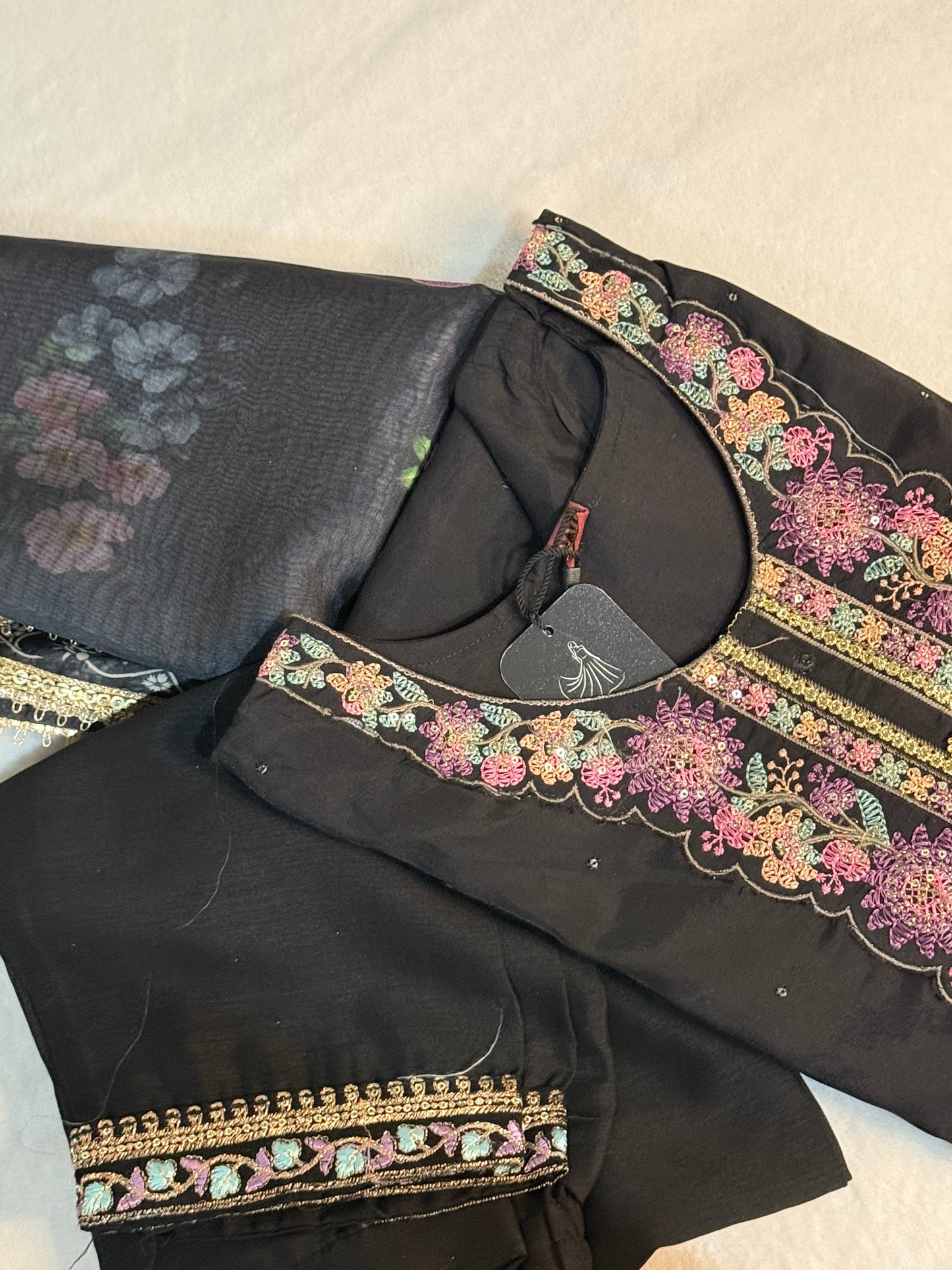 Black roman silk kurti set with floral organza dupatta