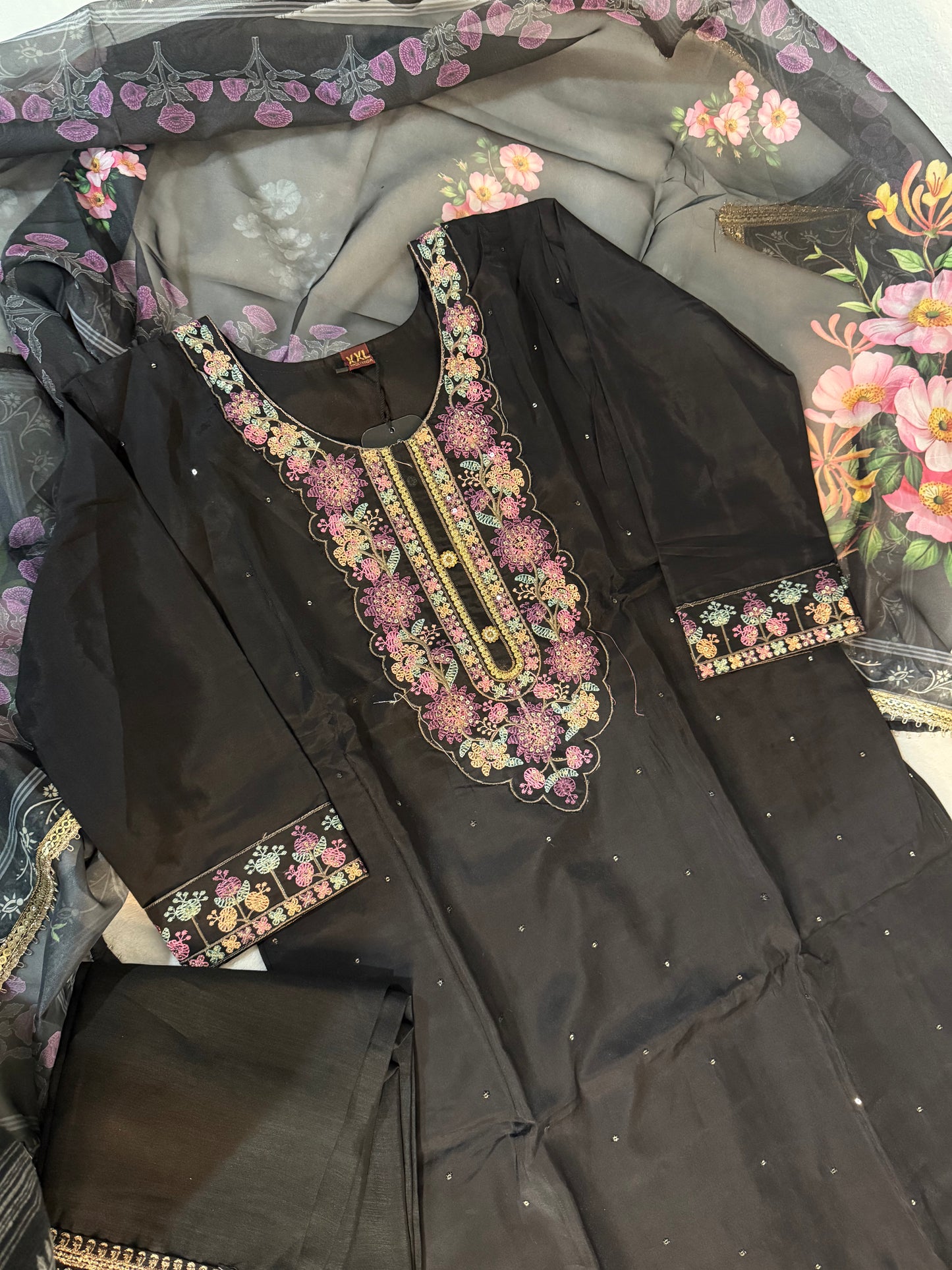 Black roman silk kurti set with floral organza dupatta