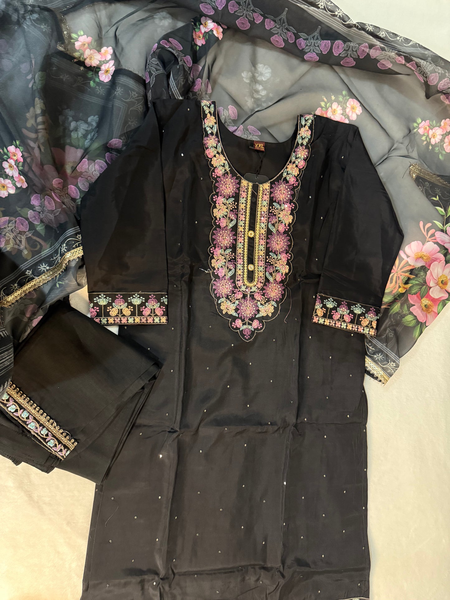 Black roman silk kurti set with floral organza dupatta