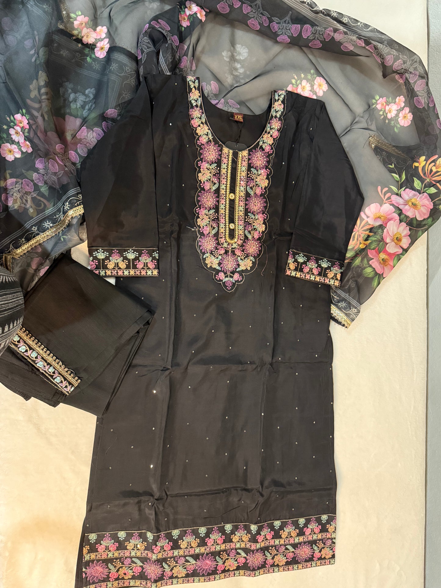Black roman silk kurti set with floral organza dupatta