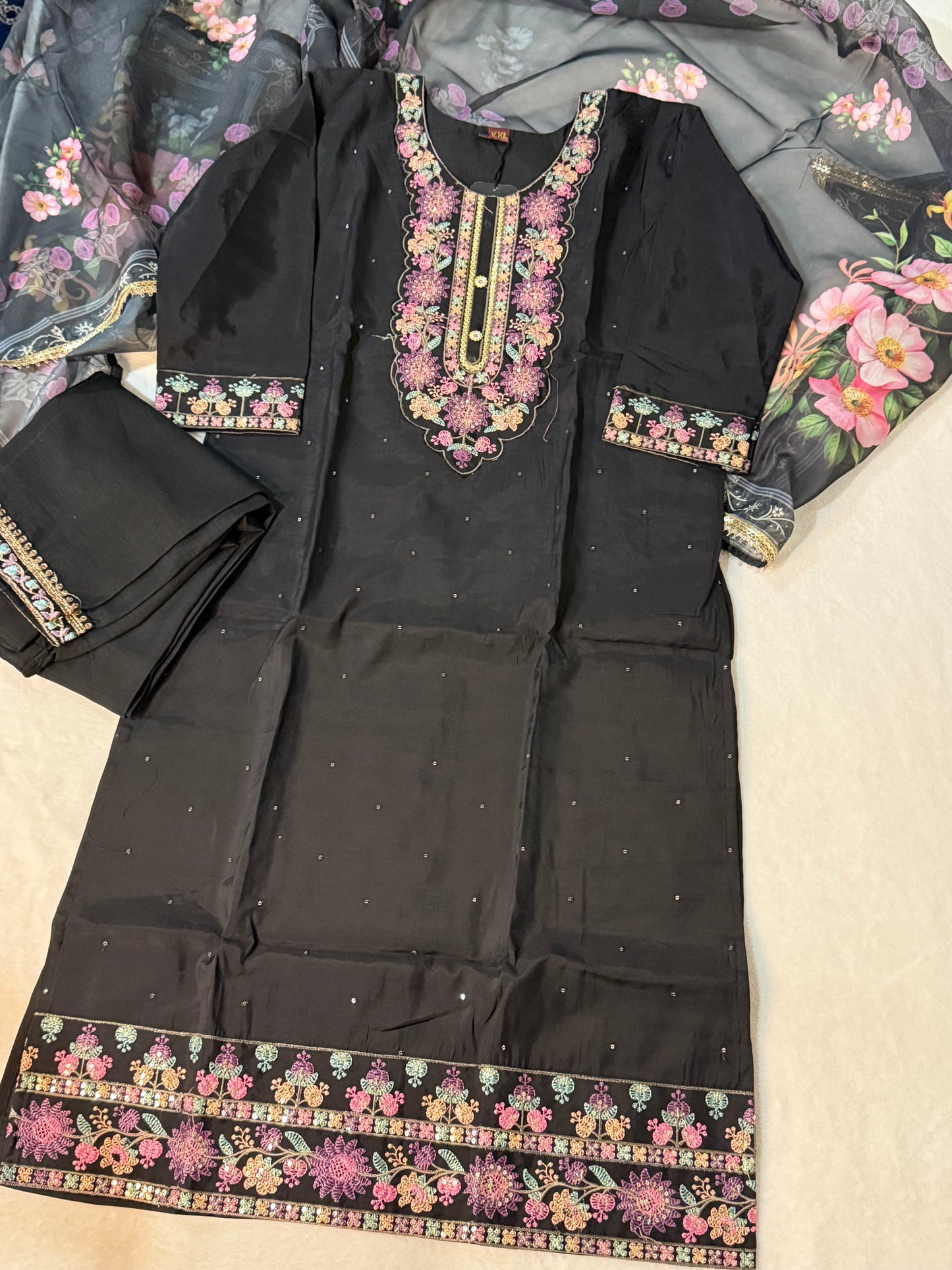 Black roman silk kurti set with floral organza dupatta
