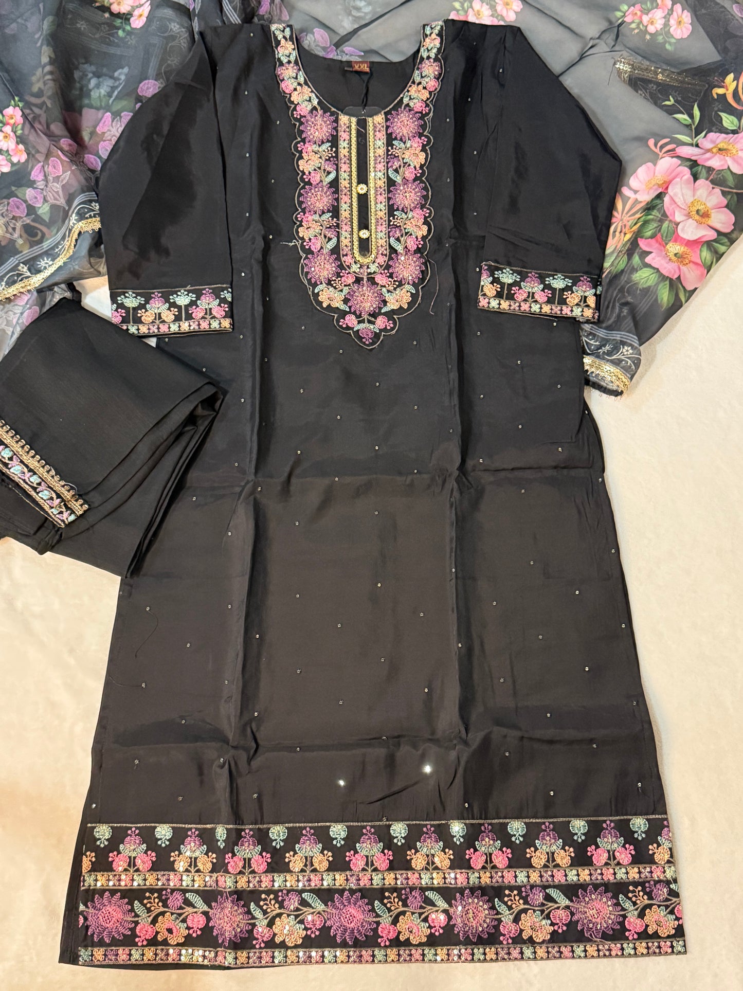 Black roman silk kurti set with floral organza dupatta