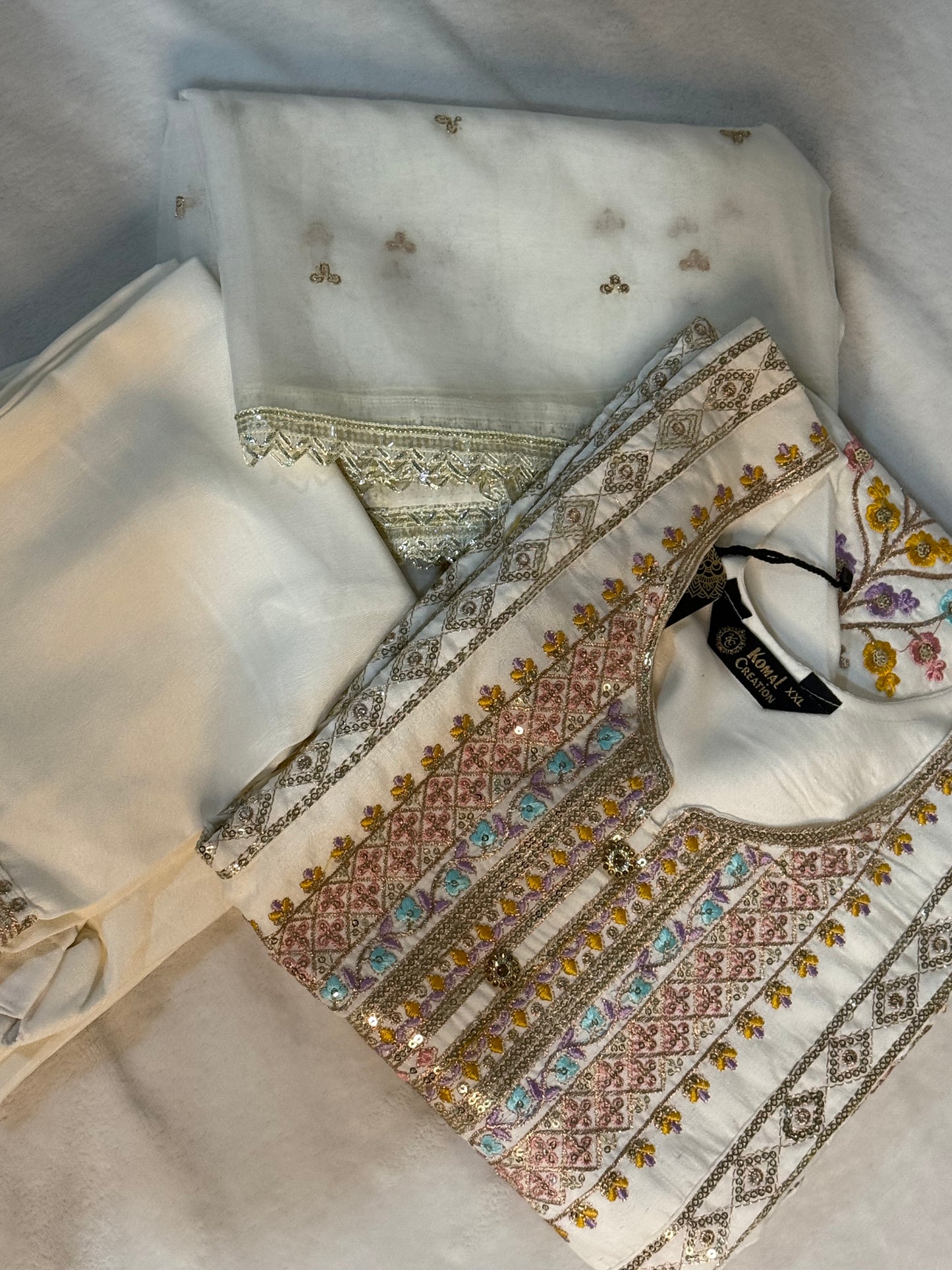 Half white roman silk kurti set with organza butties dupatta