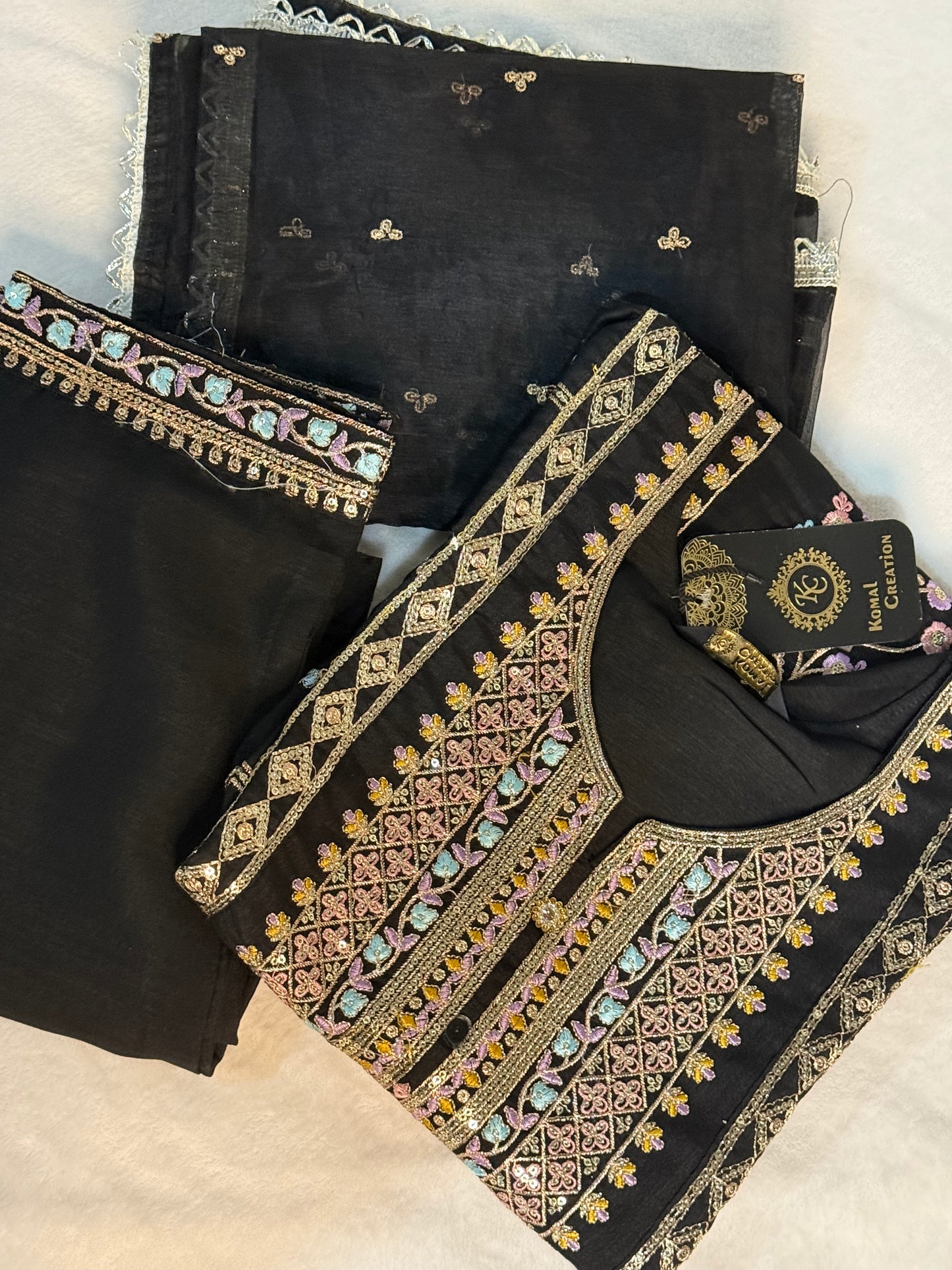 Black roman silk kurti set with organza butties dupatta