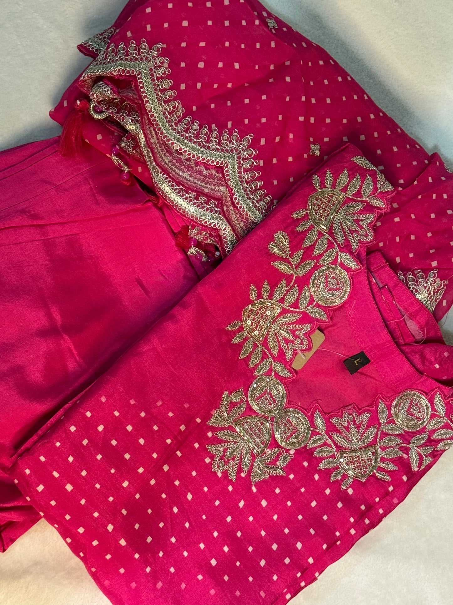 Pink dola silk designer party wear kurti set with bandhini cutwork dupatta