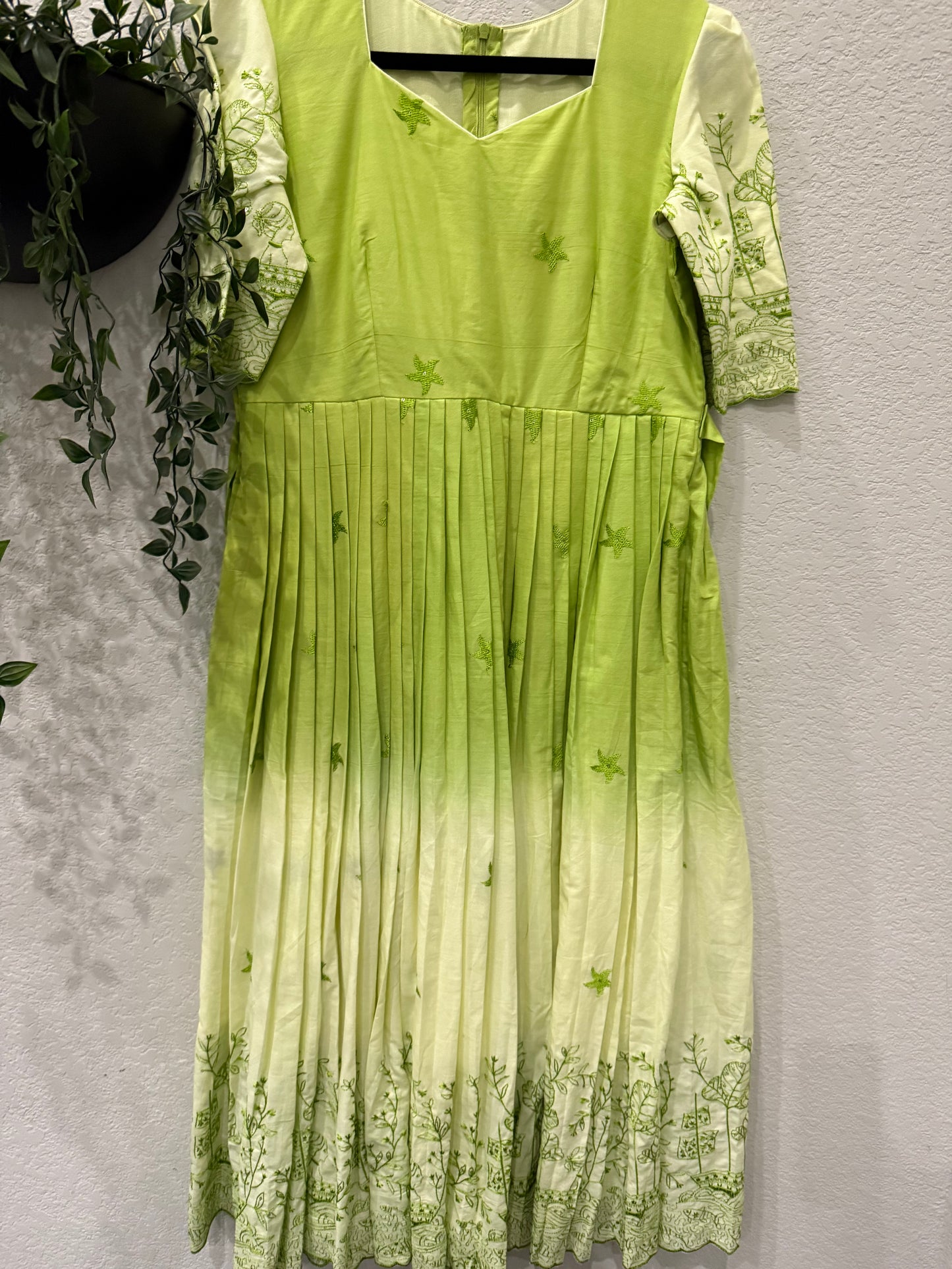 Green dual shade embroidered mul cotton frock