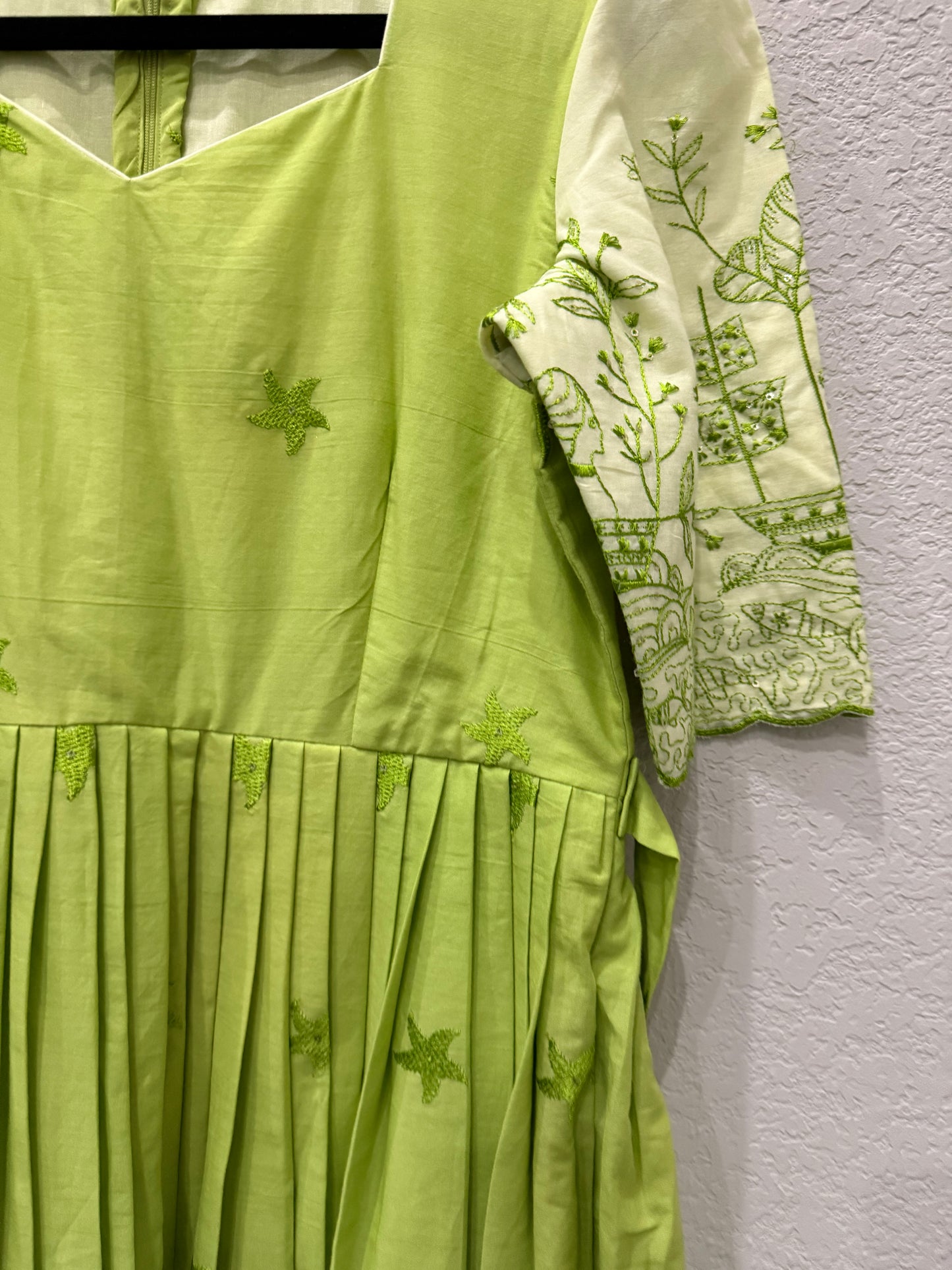 Green dual shade embroidered mul cotton frock