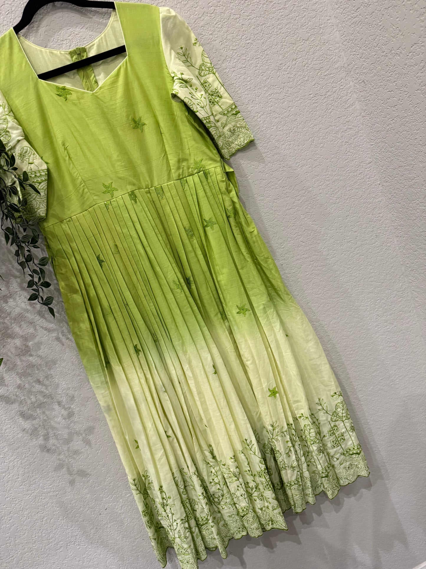 Green dual shade embroidered mul cotton frock