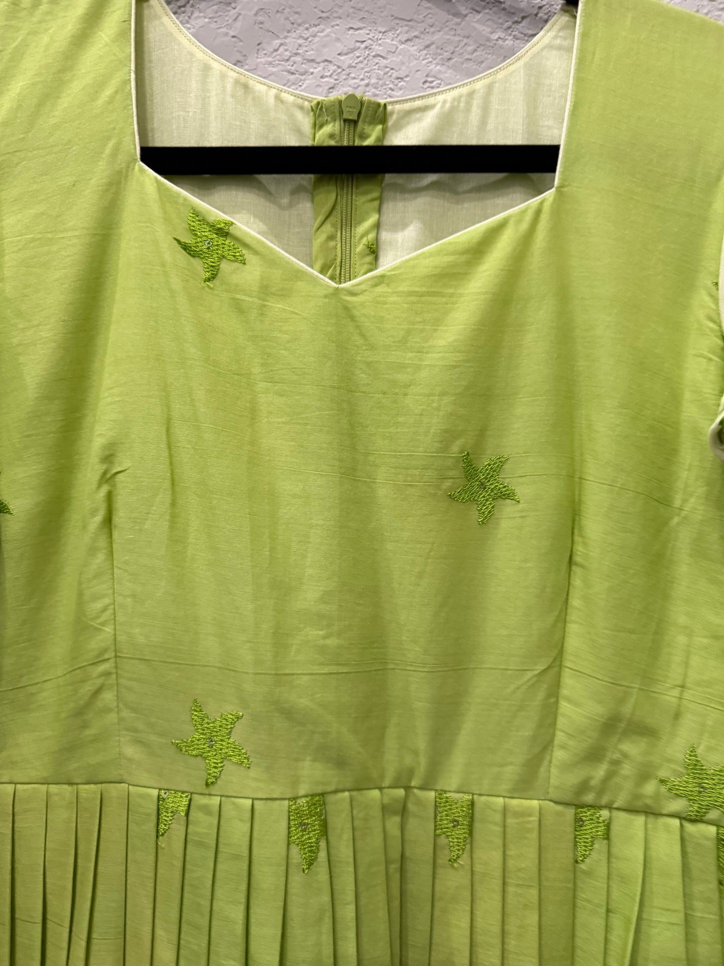 Green dual shade embroidered mul cotton frock