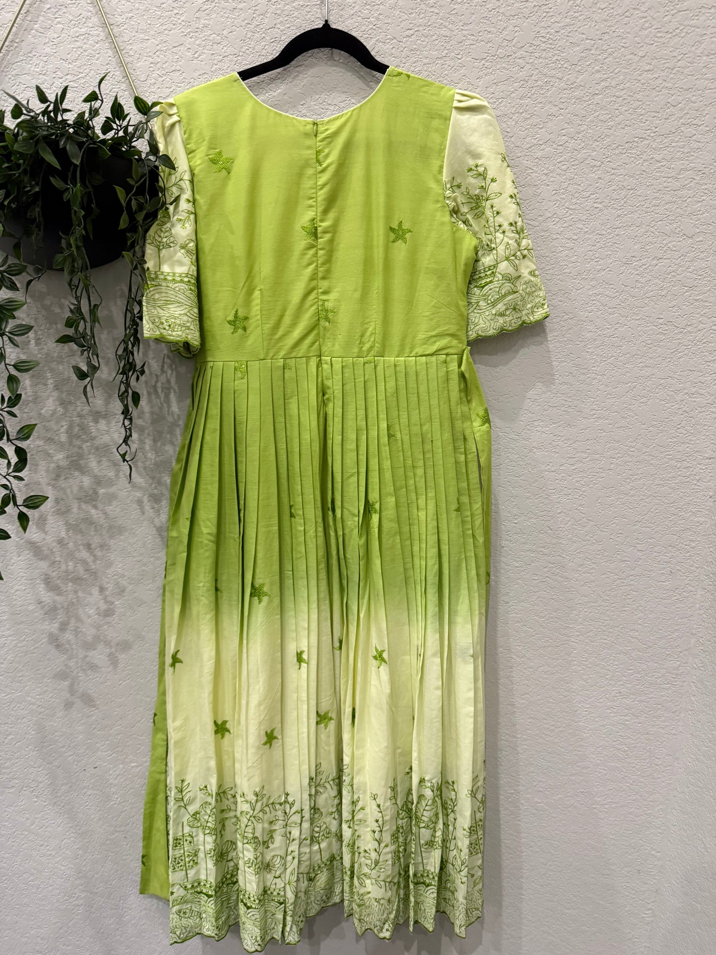Green dual shade embroidered mul cotton frock