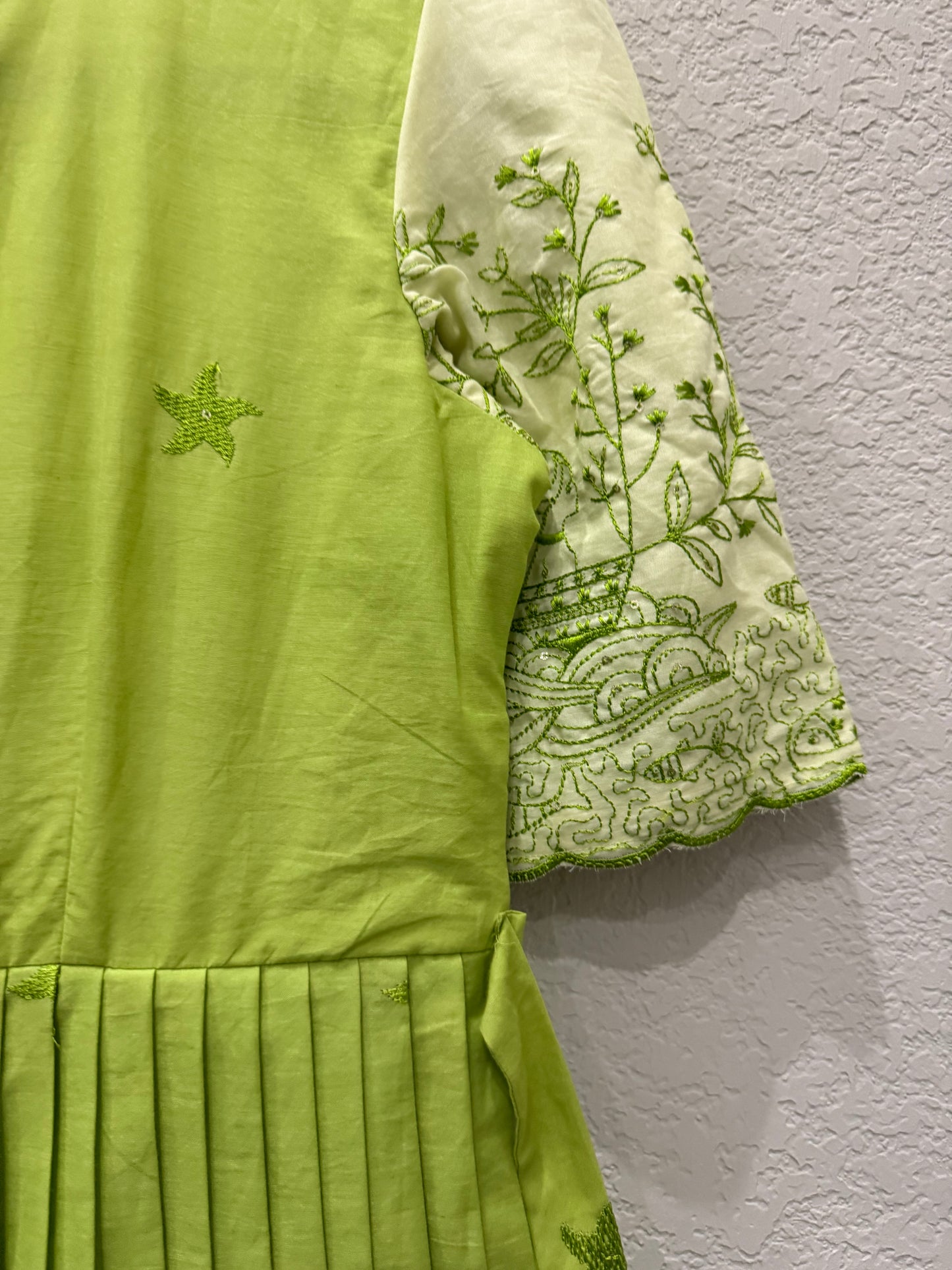 Green dual shade embroidered mul cotton frock