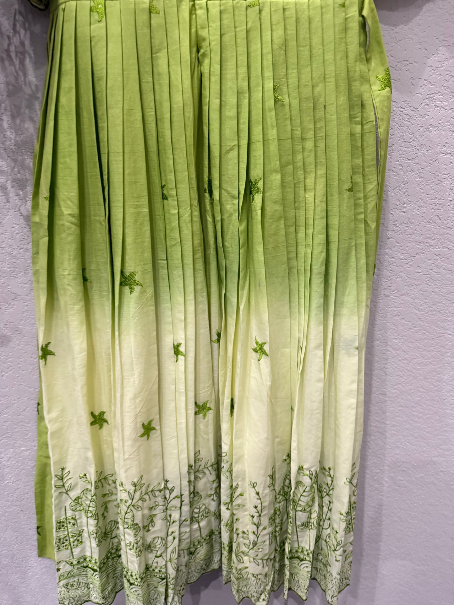 Green dual shade embroidered mul cotton frock