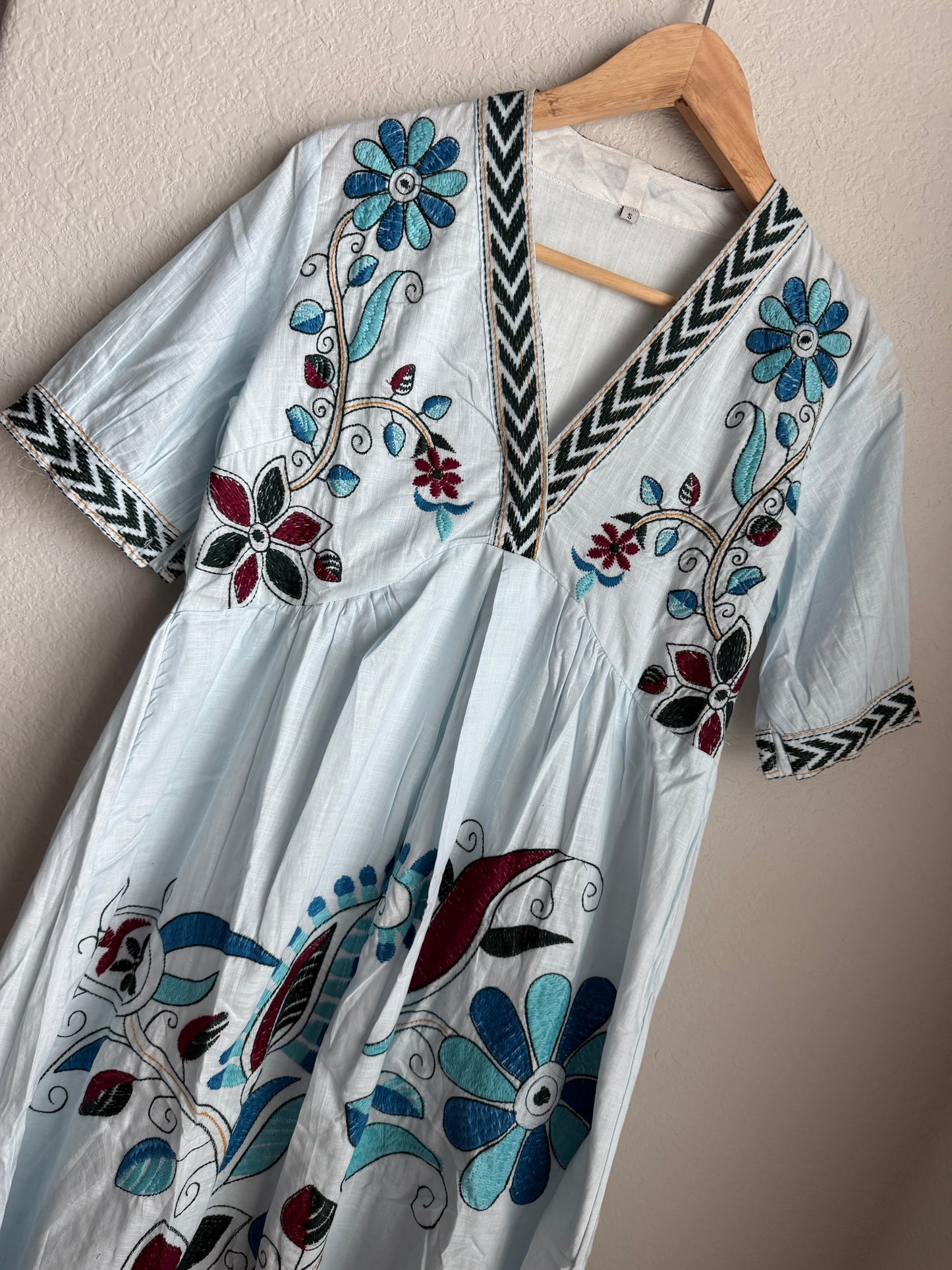 Light Blue Floral Embroidered Tunic Dress – Cotton Midi Dress
