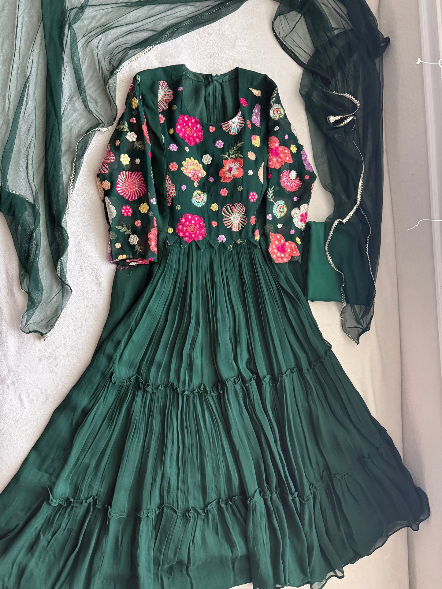 Bottle green georgette anarkali set with beautiful yolk detailing - comes with legging and net dupatta