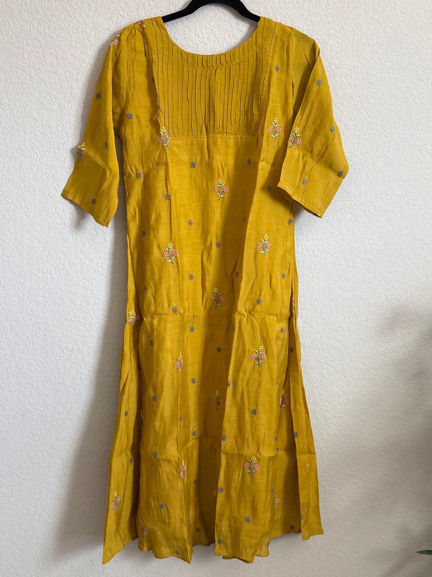 Yellow Floral Embroidered Mul Chanderi A-line Kurti