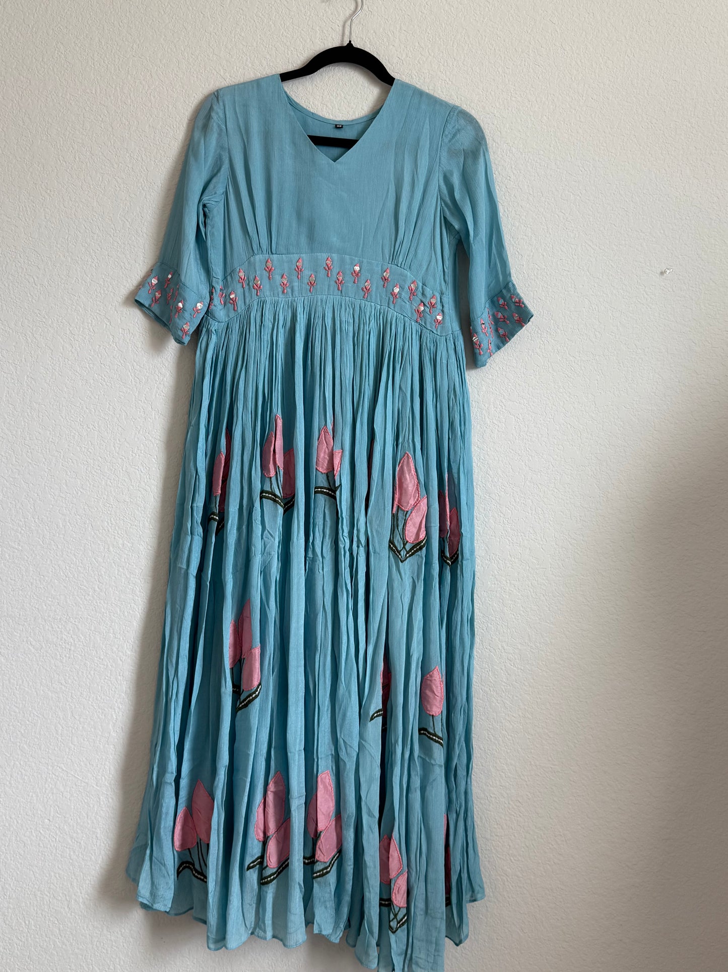 Powder Blue Mirror Work Chinnon Applique Tulips Tunic