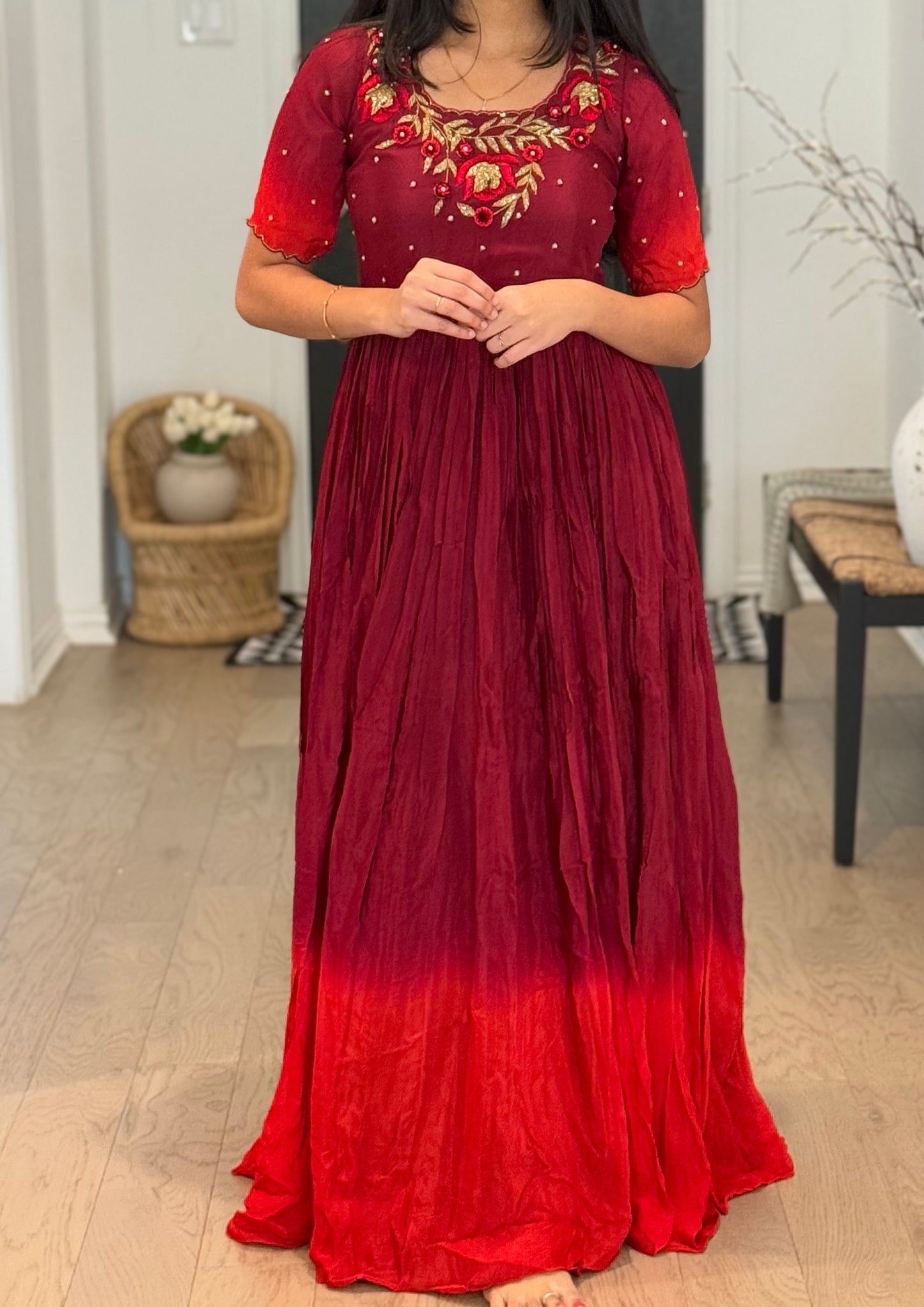 Maroon with red dual shade chinnon long anarkali dress with maggam work detailing on the yolk
