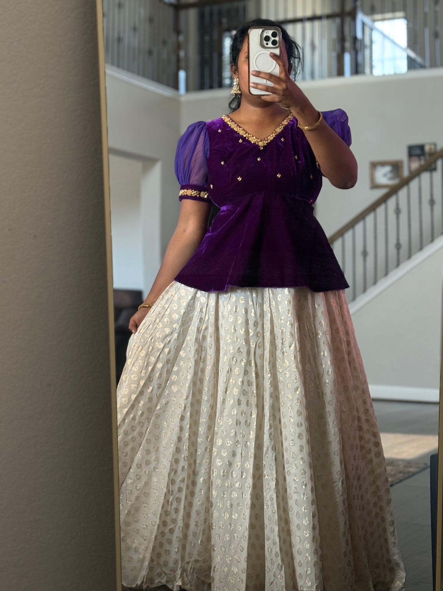 Purple Velvet peplum top with banarasi skirt