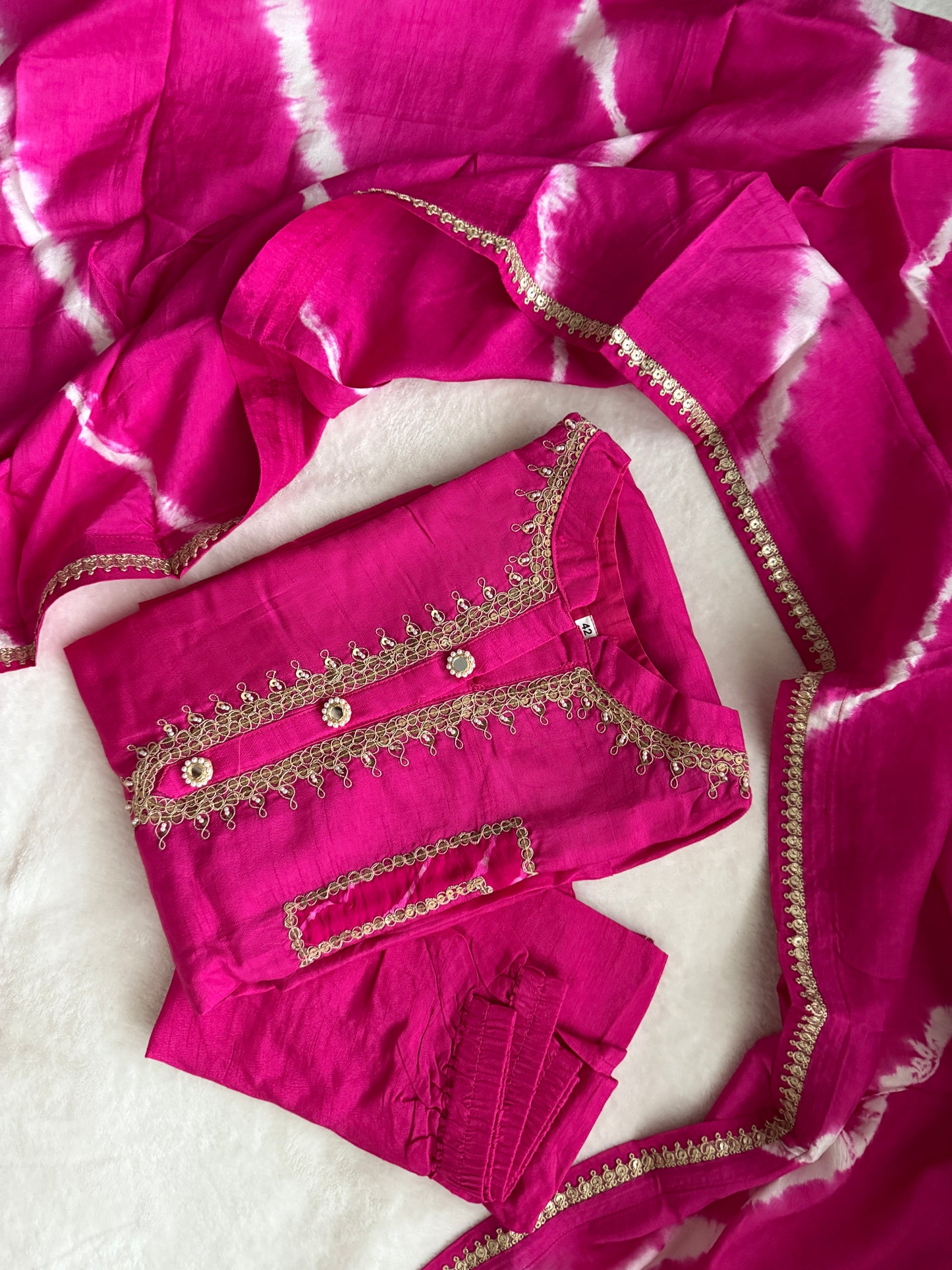 Pink Dola Silk Heavy Work Straight Cut Kurti Set with Leheriya Dupatta
