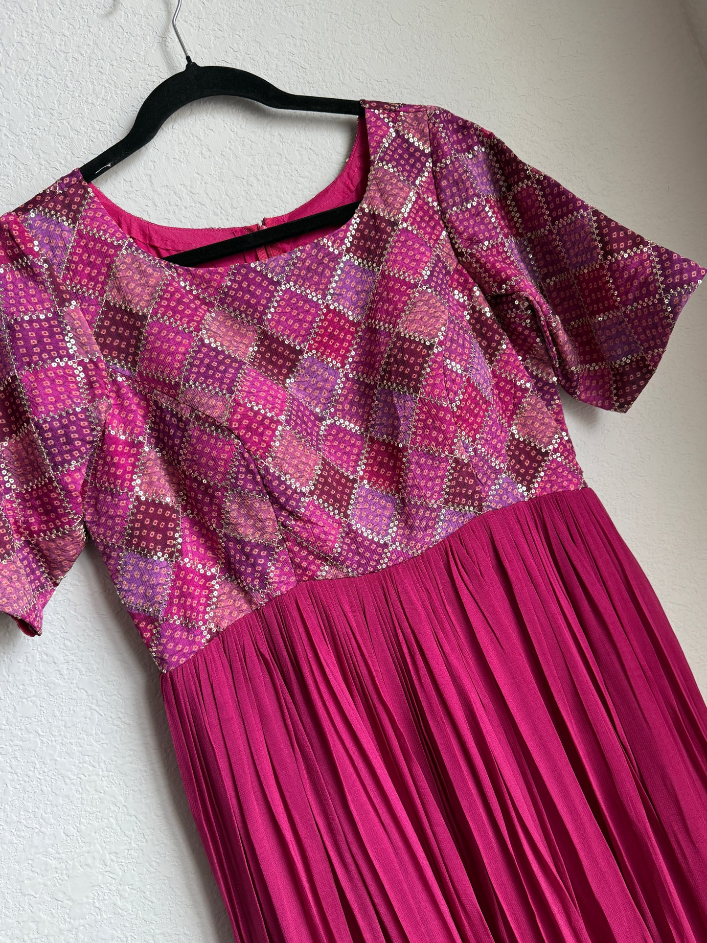 Pink georgette long anarkali dress - designer yolk sequin detailing