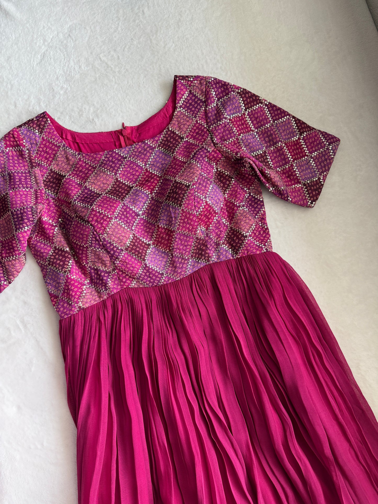 Pink georgette long anarkali dress - designer yolk sequin detailing
