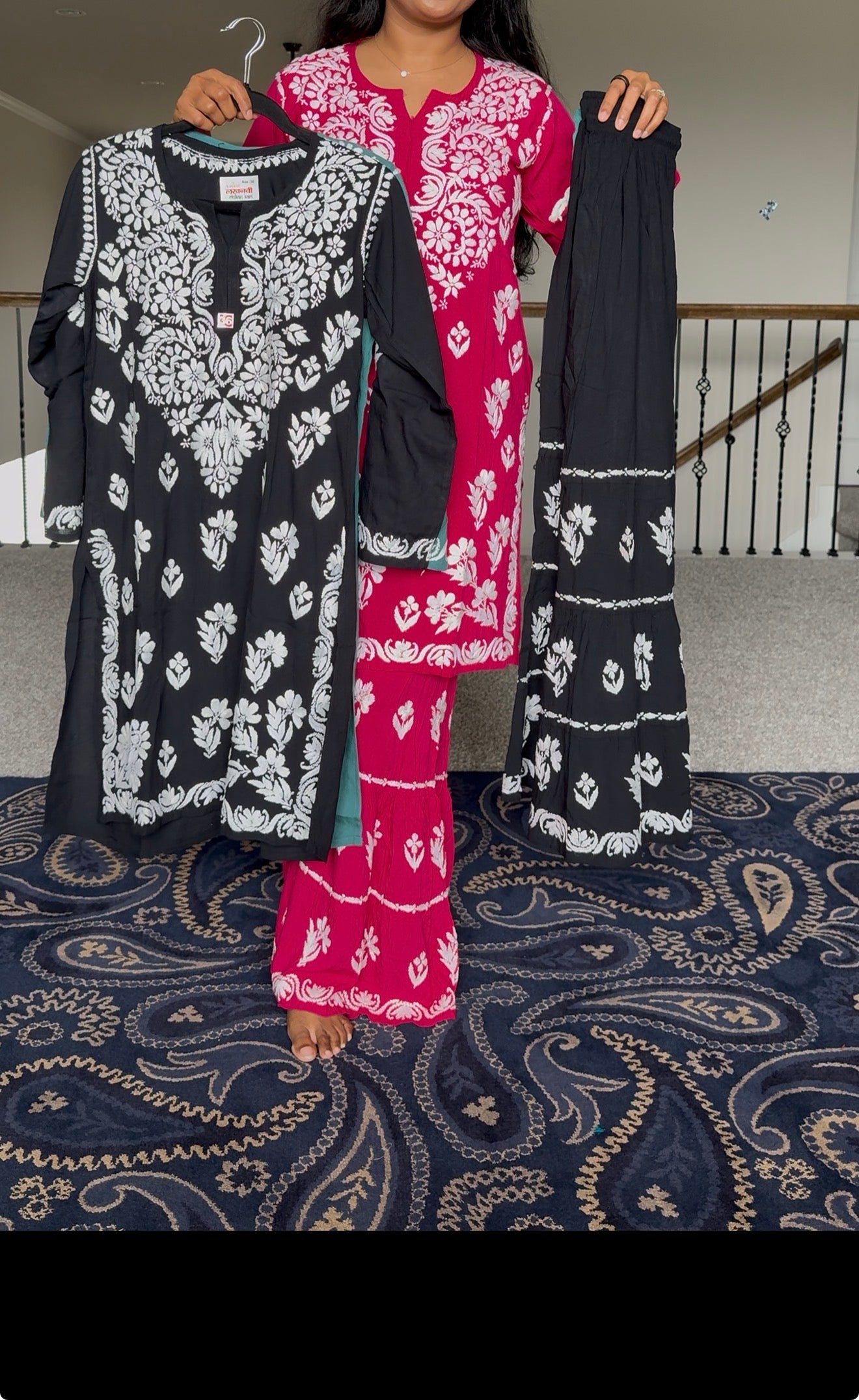 Black Rayon Chikankari Gharara Set - Top with Gharara Pant