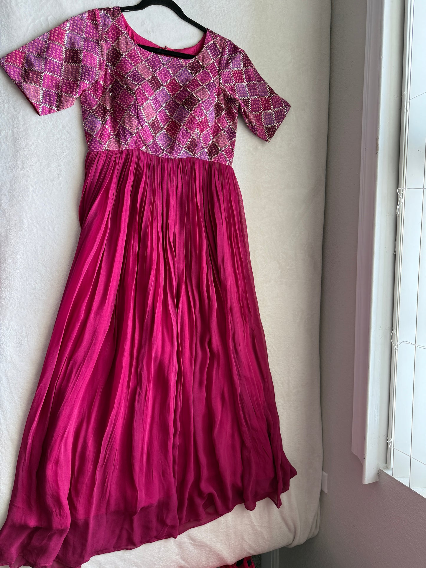Pink georgette long anarkali dress - designer yolk sequin detailing